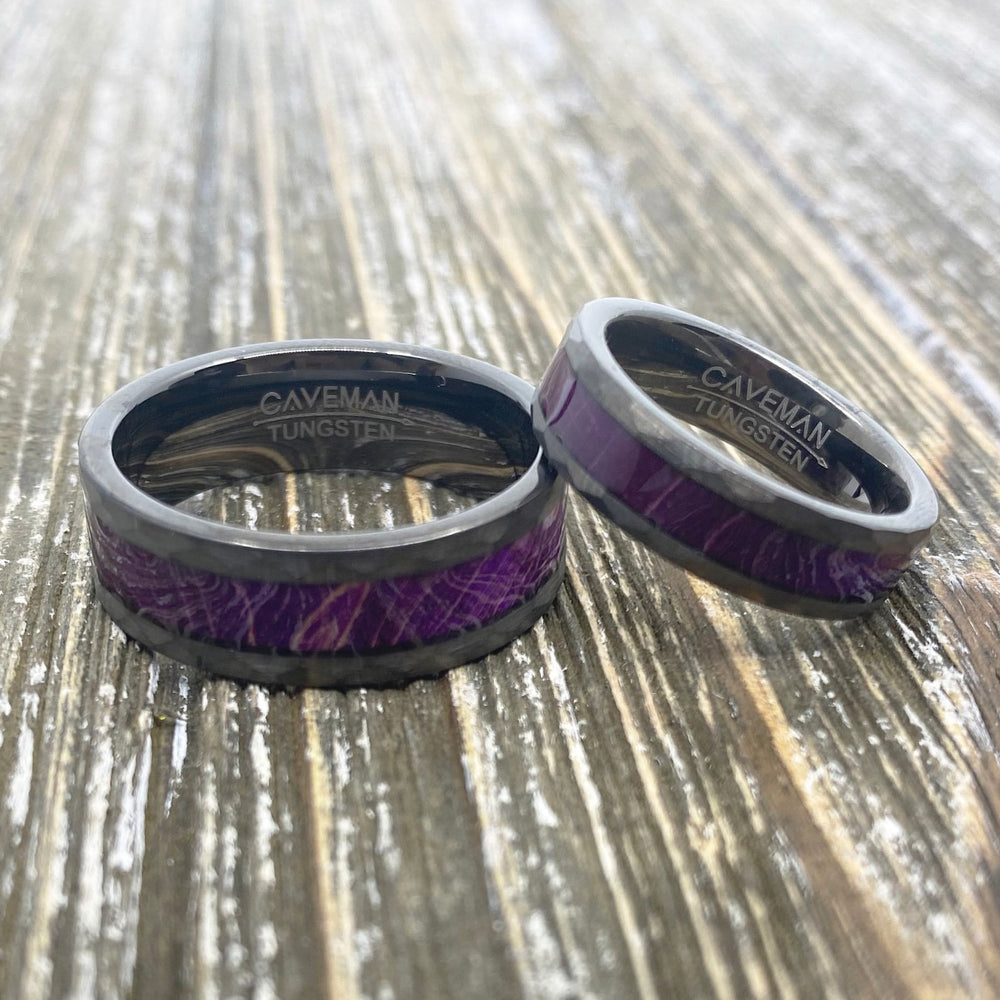 Couples Set: Royal Purple Box Elder Wood Gunmetal Hammered Tungsten ring