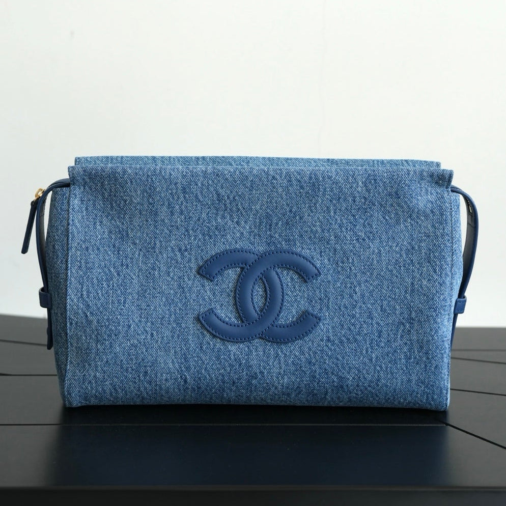 C*C 2026 Double C Clutch Bag 29.5cm Blue Denim Leather
