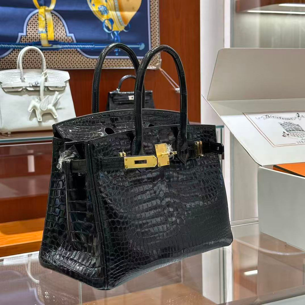 H*M Birkin 30 Bag Black Shiny Crocodile Leather GHW (12 days of production)