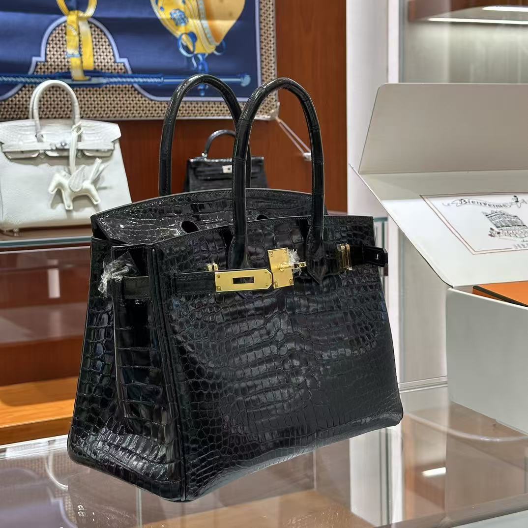 H*M Birkin 30 Bag Black Shiny Crocodile Leather GHW (12 days of production)