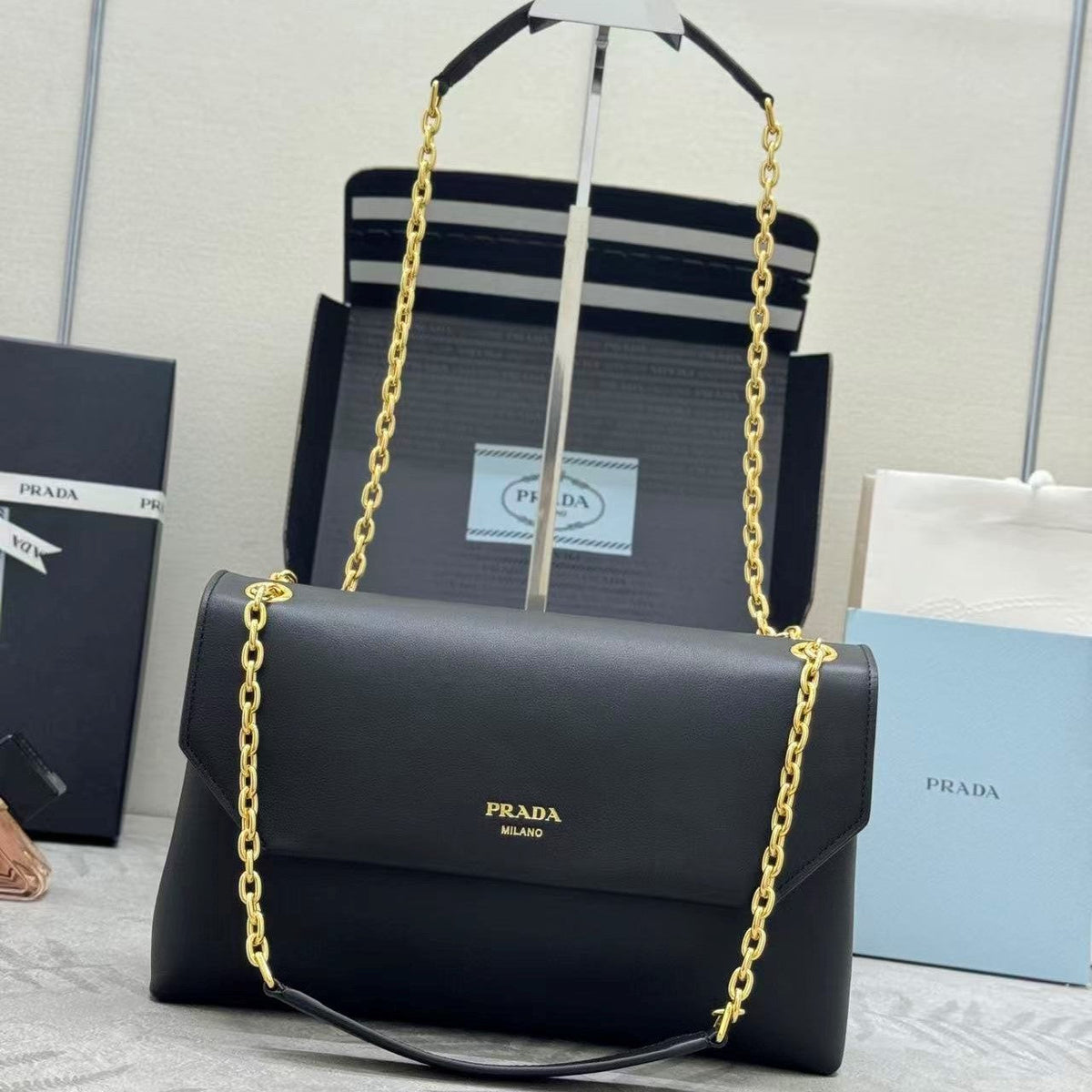 Pr*da Doux Medium Leather Shoulder Bag Black Calfskin