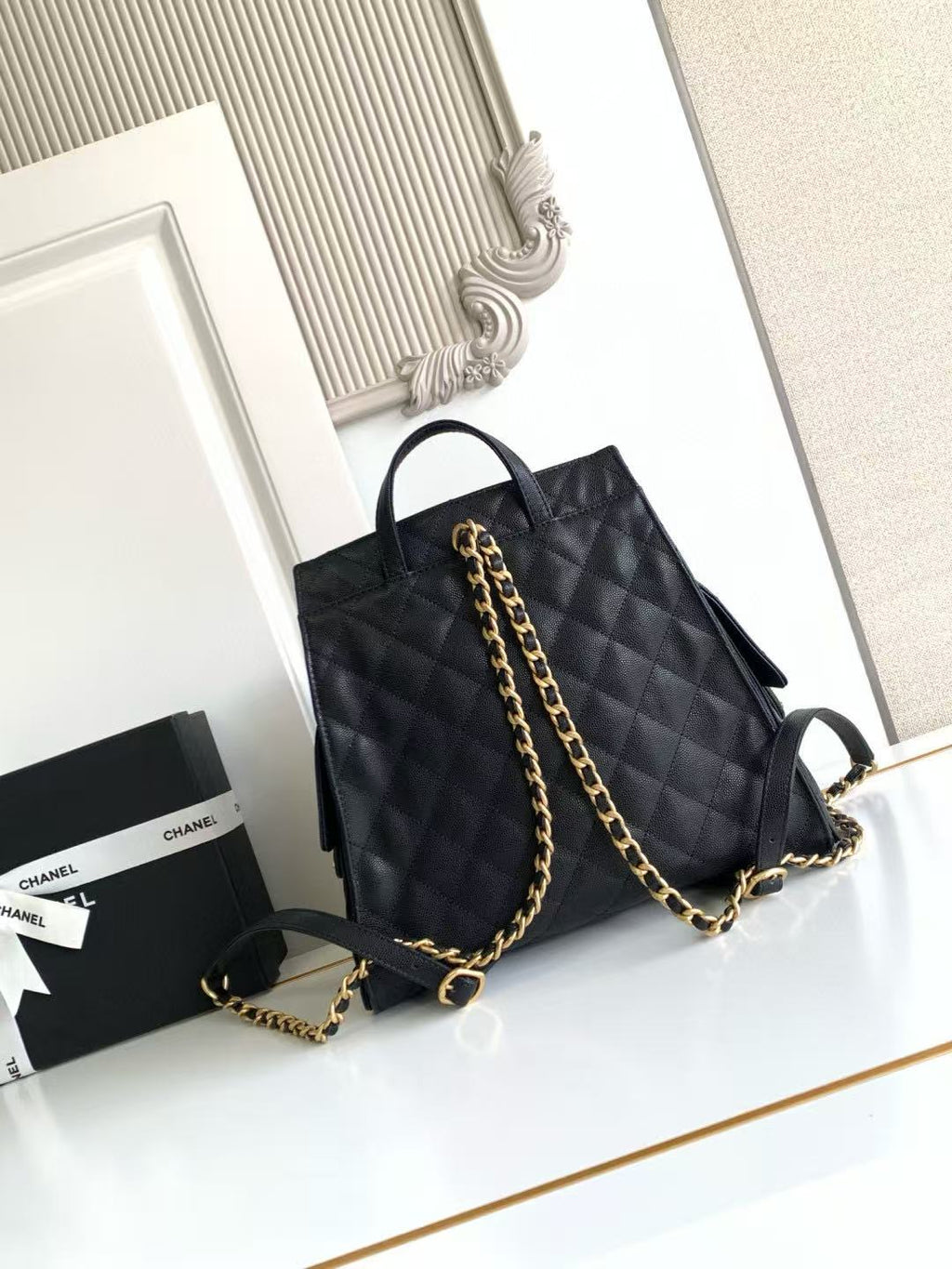 C*C 25b Medium Backpack With Chain 23cm Black Caviar GHW