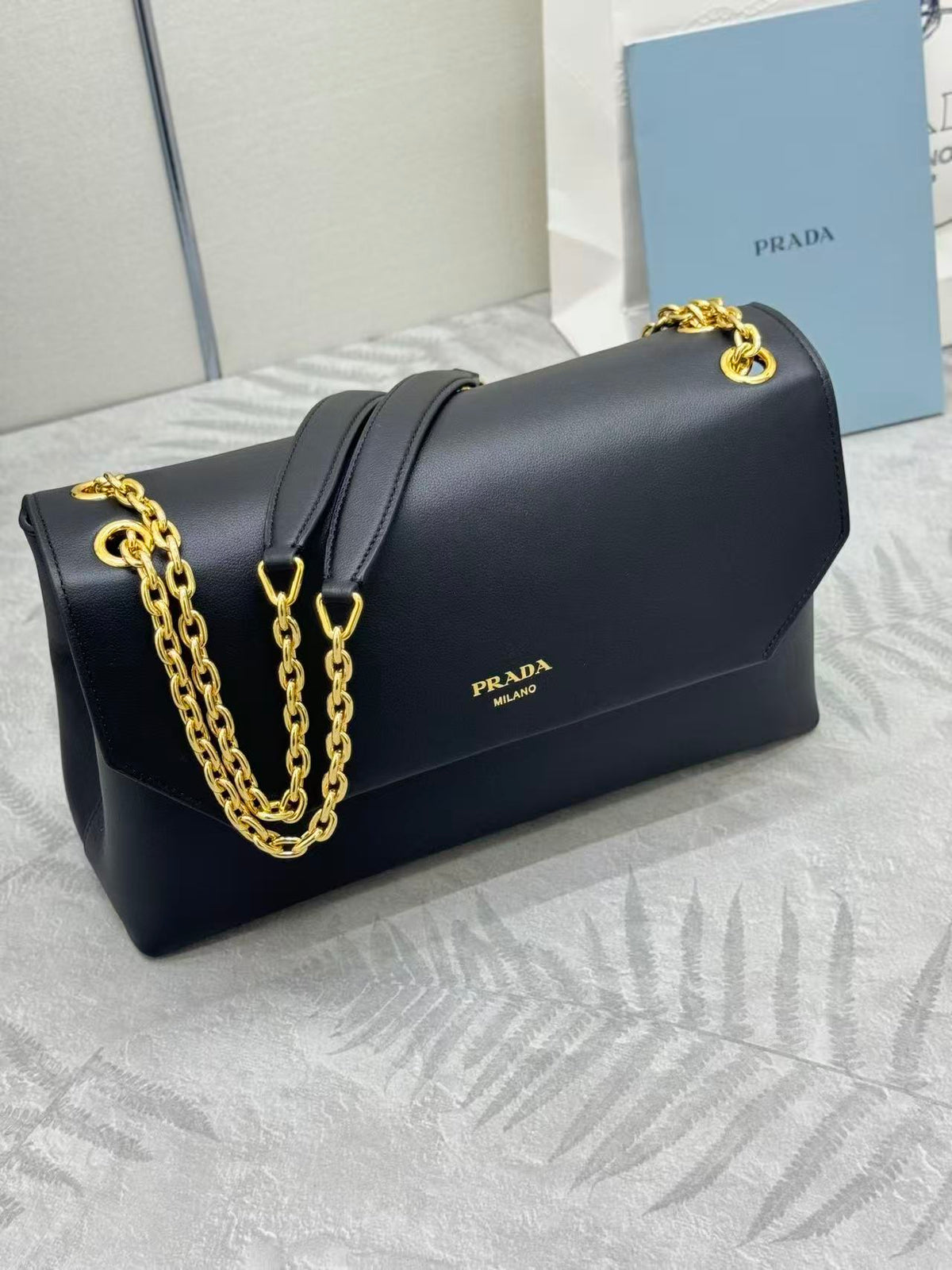 Pr*da Doux Medium Leather Shoulder Bag Black Calfskin