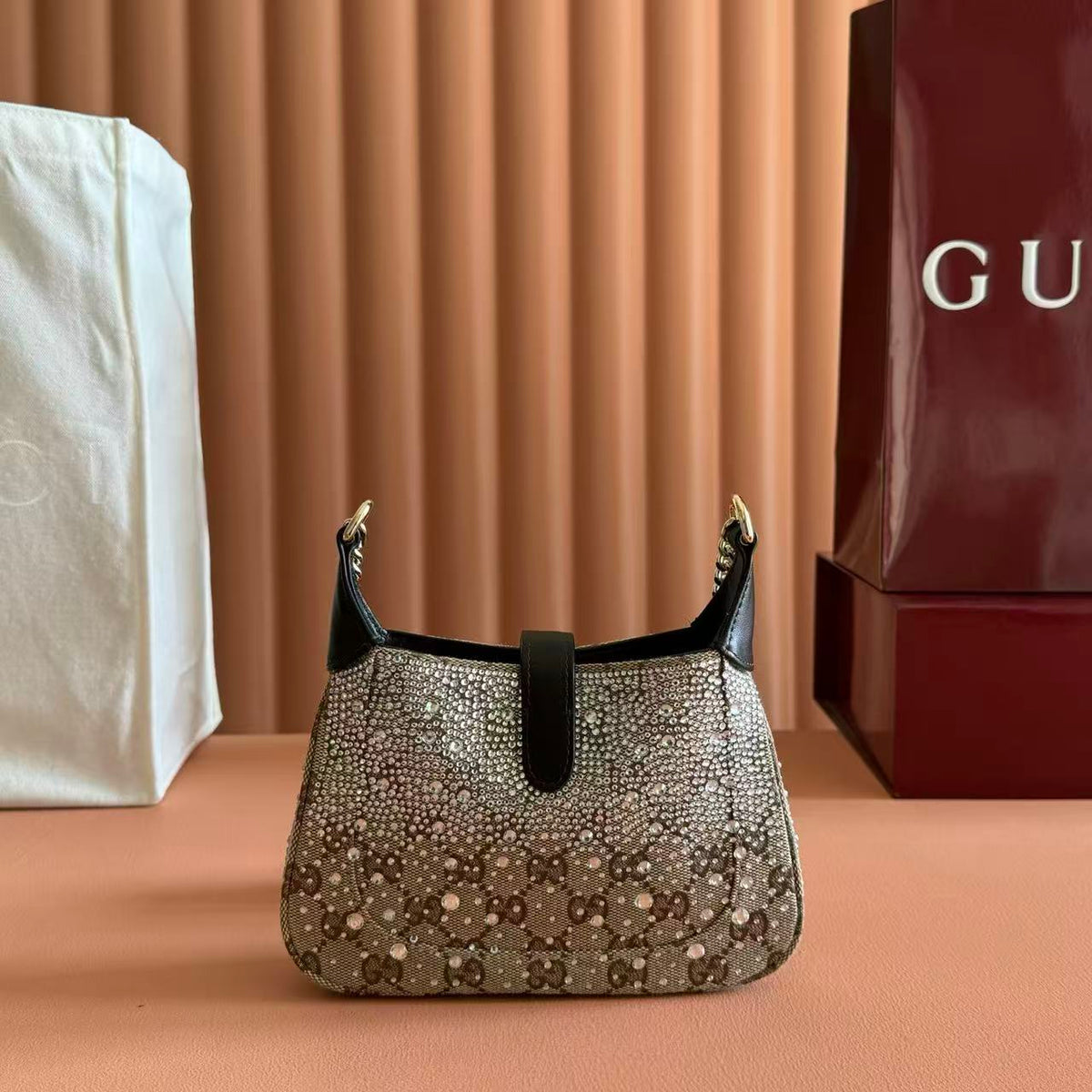 G*G Jackie Notte Mini Crystal Bag Beige Brown Canvas