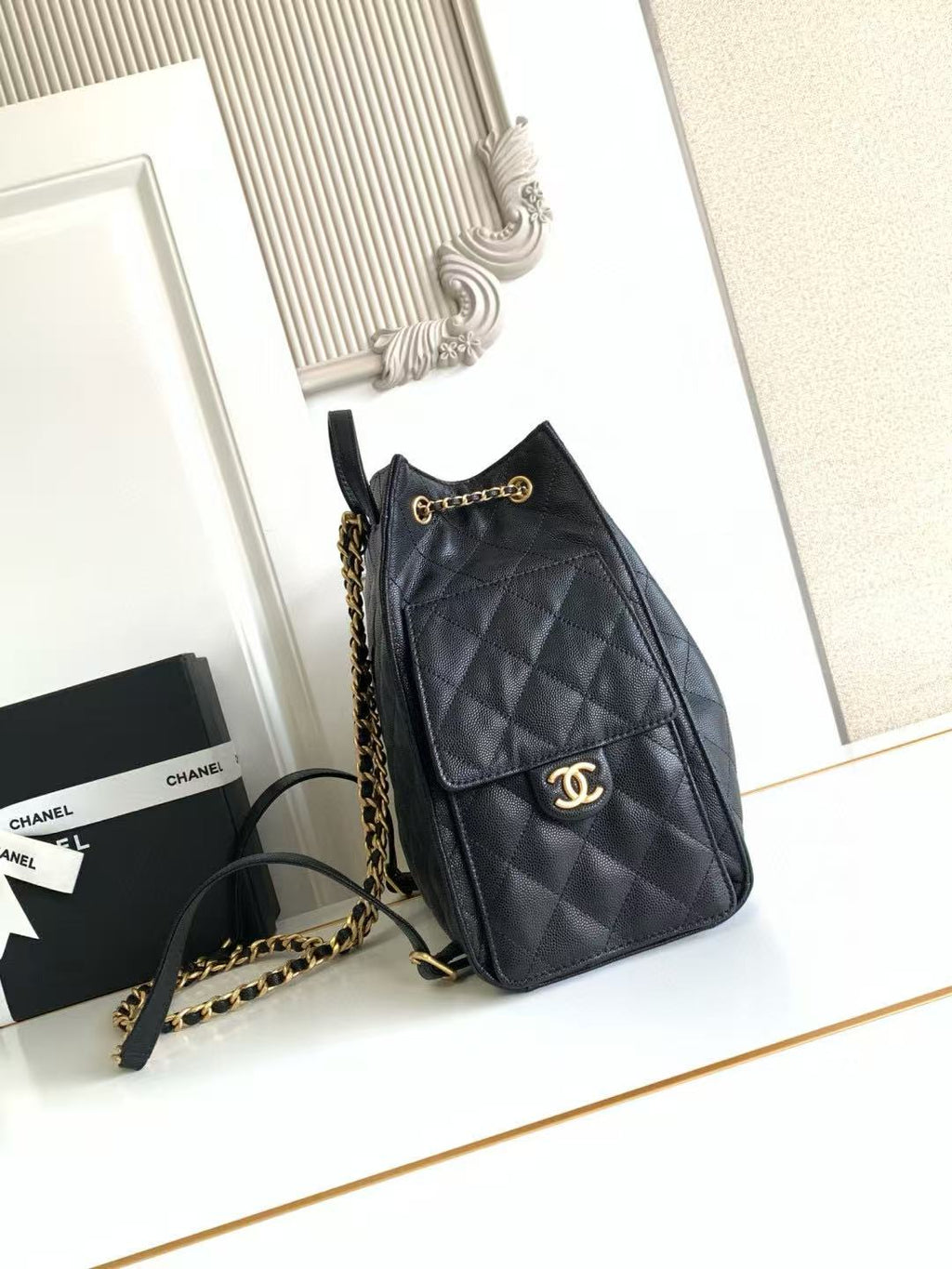 C*C 25b Medium Backpack With Chain 23cm Black Caviar GHW