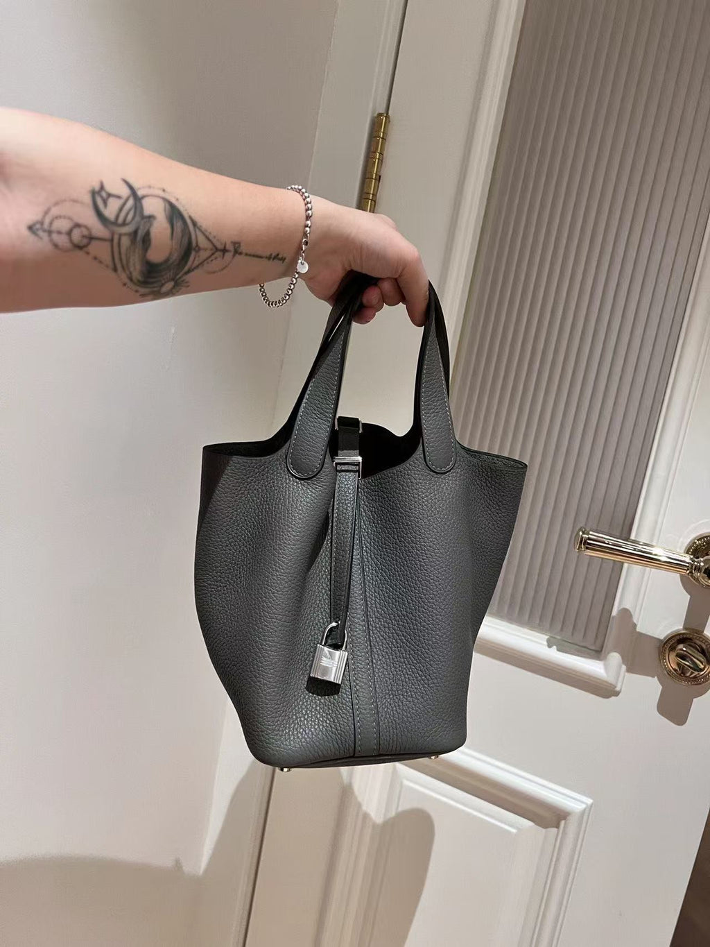 H*M Picotin Lock 18 Bag Grey Cowhide