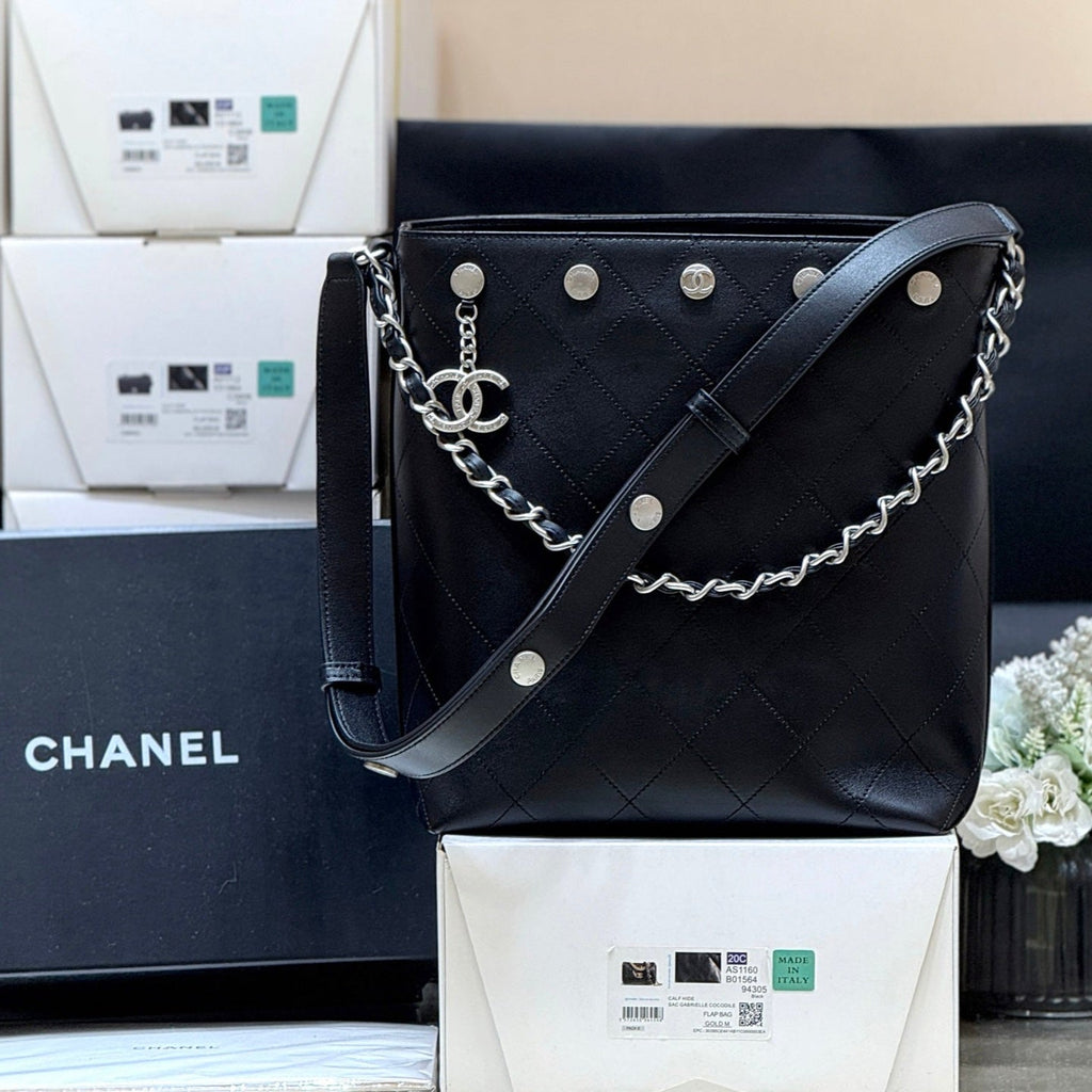 C*C 25P Rivet Bucket Bag Silver Hardware in Black Polished Lambskin