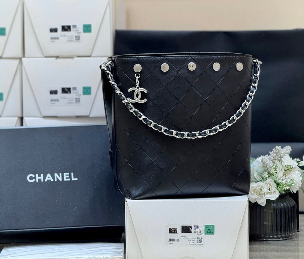 C*C 25P Rivet Bucket Bag Silver Hardware in Black Polished Lambskin