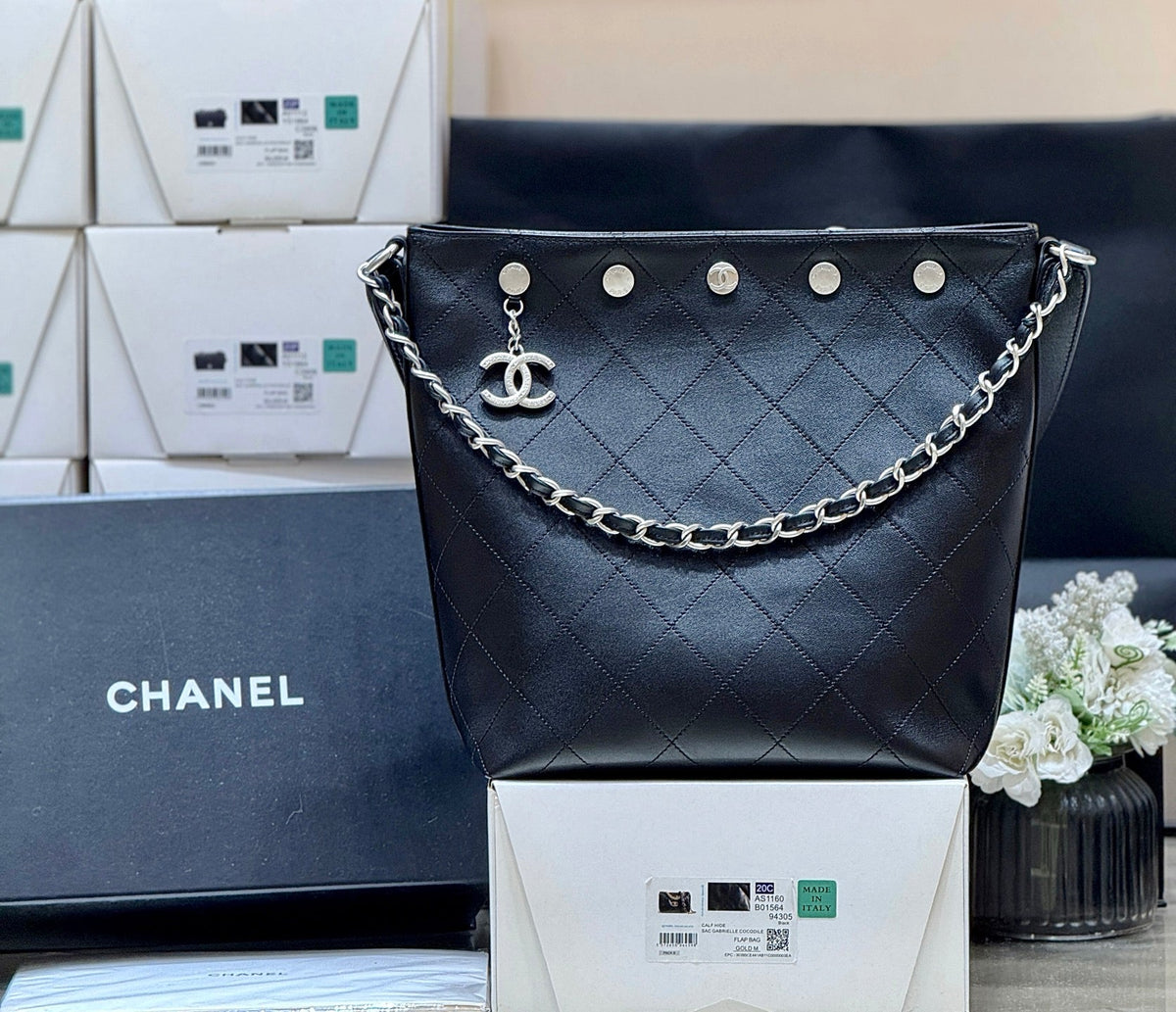 C*C 25P Rivet Bucket Bag Silver Hardware in Black Polished Lambskin