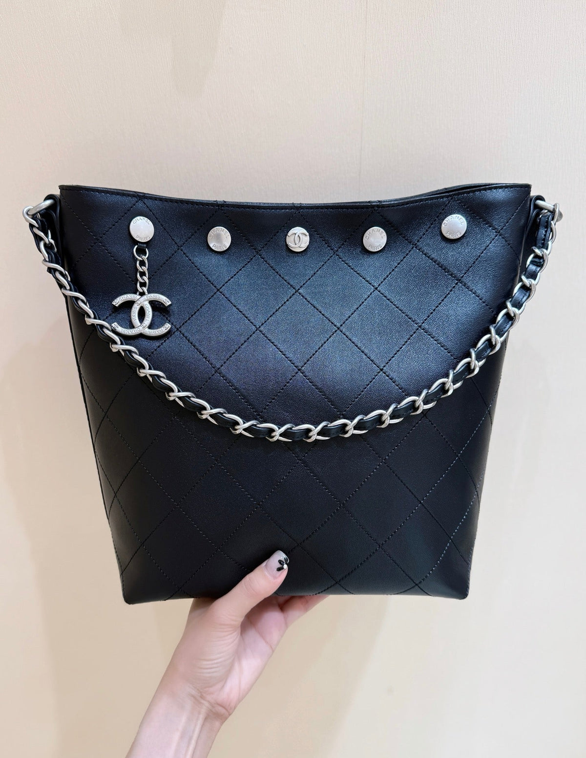 C*C 25P Rivet Bucket Bag Silver Hardware in Black Polished Lambskin