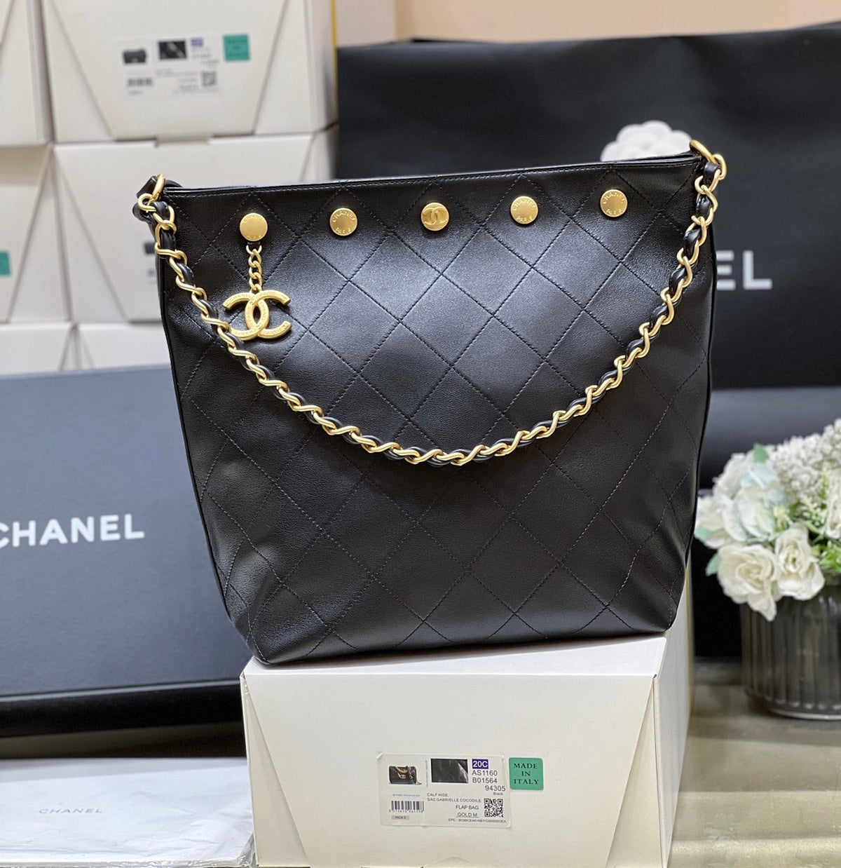 C*C 25P Rivet Bucket Bag Gold Hardware in Black Polished Lambskin
