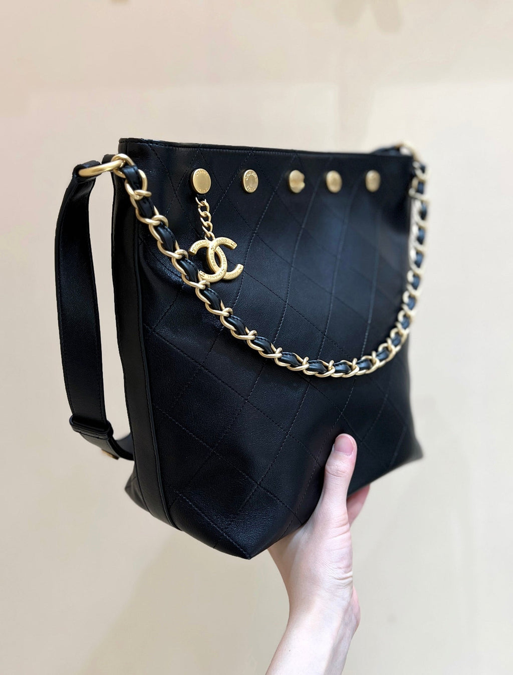C*C 25P Rivet Bucket Bag Gold Hardware in Black Polished Lambskin