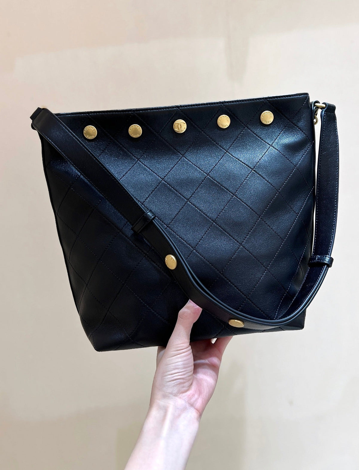 C*C 25P Rivet Bucket Bag Gold Hardware in Black Polished Lambskin