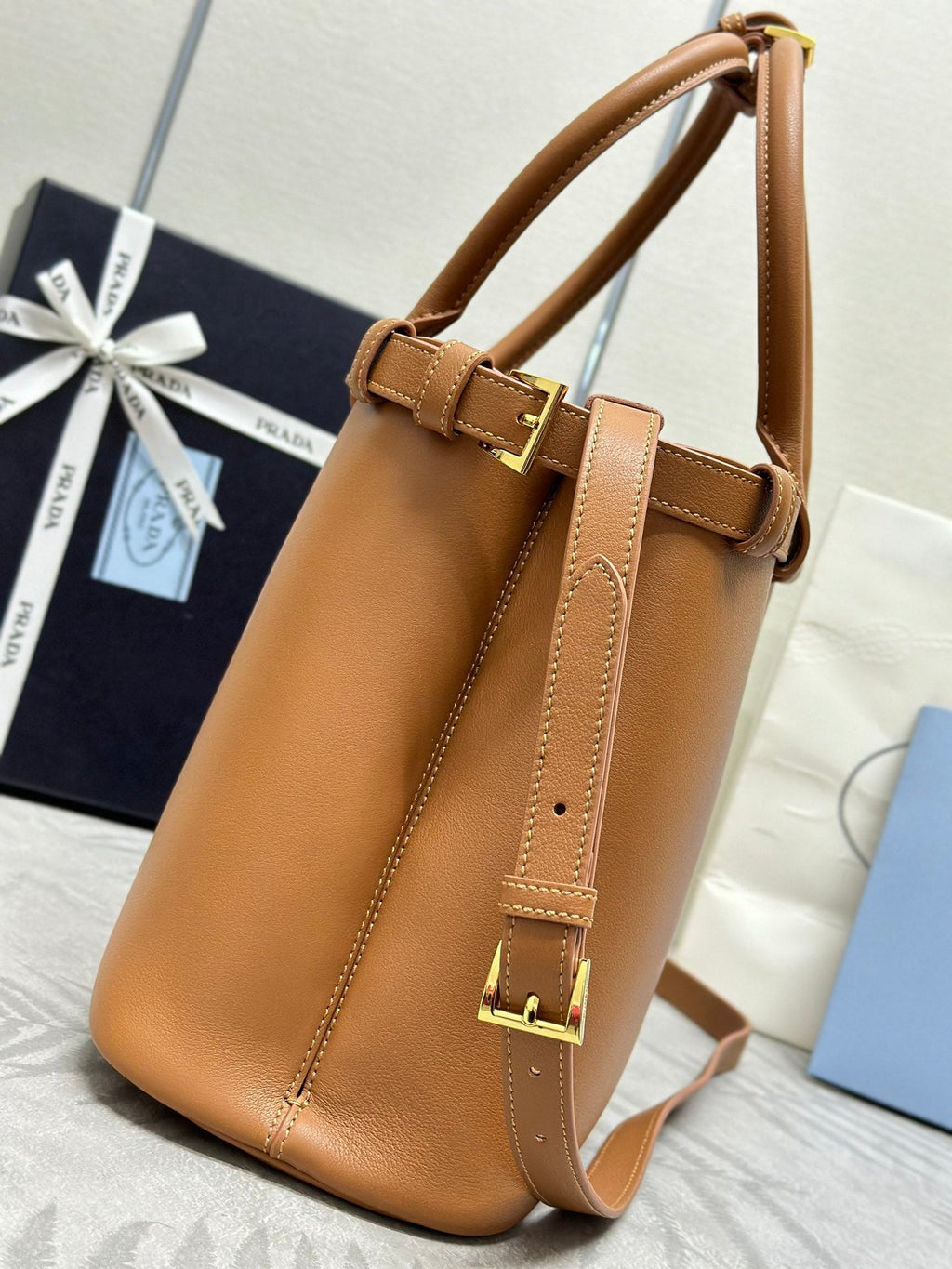 Pr*a 1BA417 Large Handbag 35cm Brown Calfskin