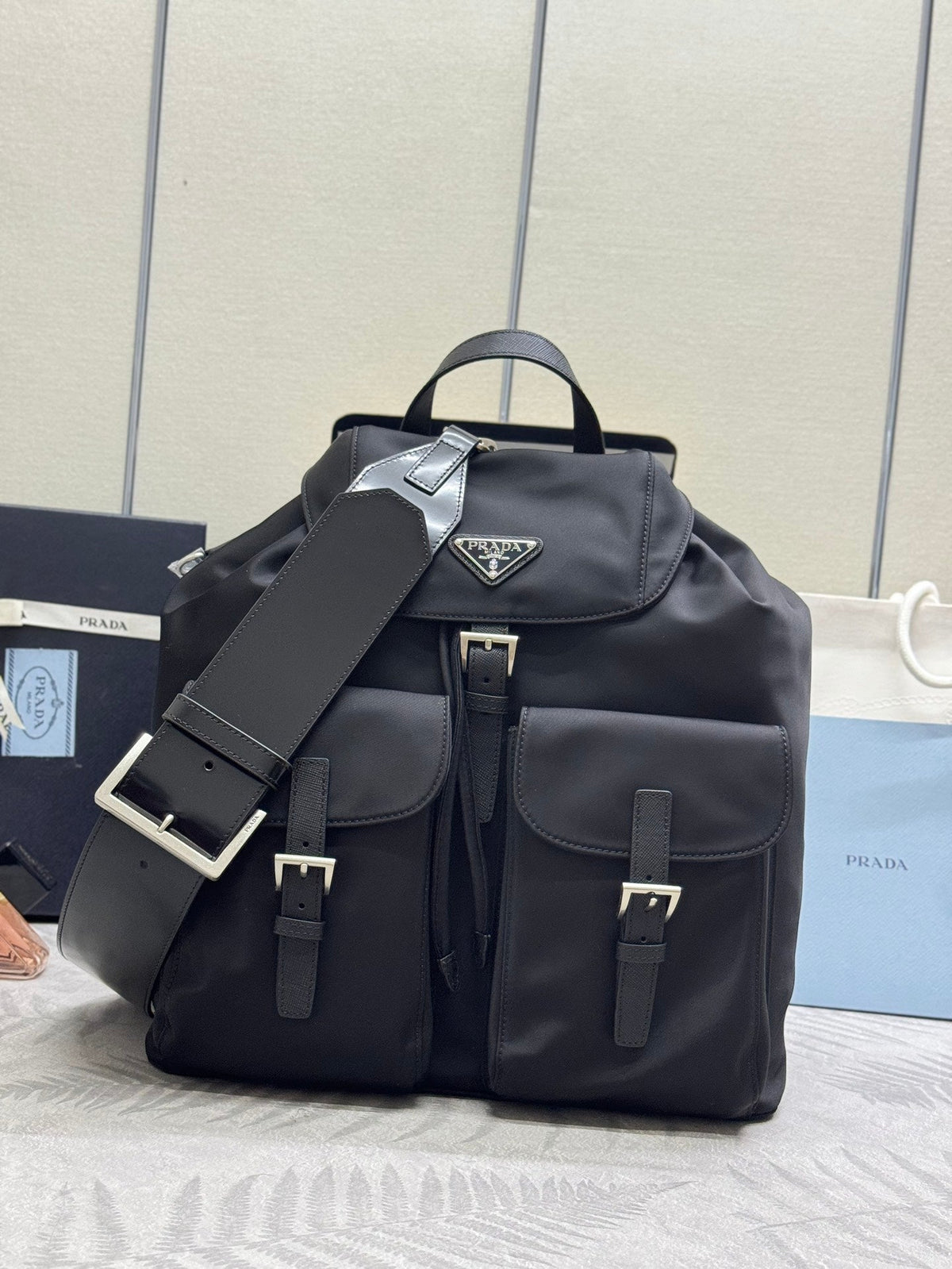 Pr*a Backpack Glossy Leather Strap Black Re-Nylon