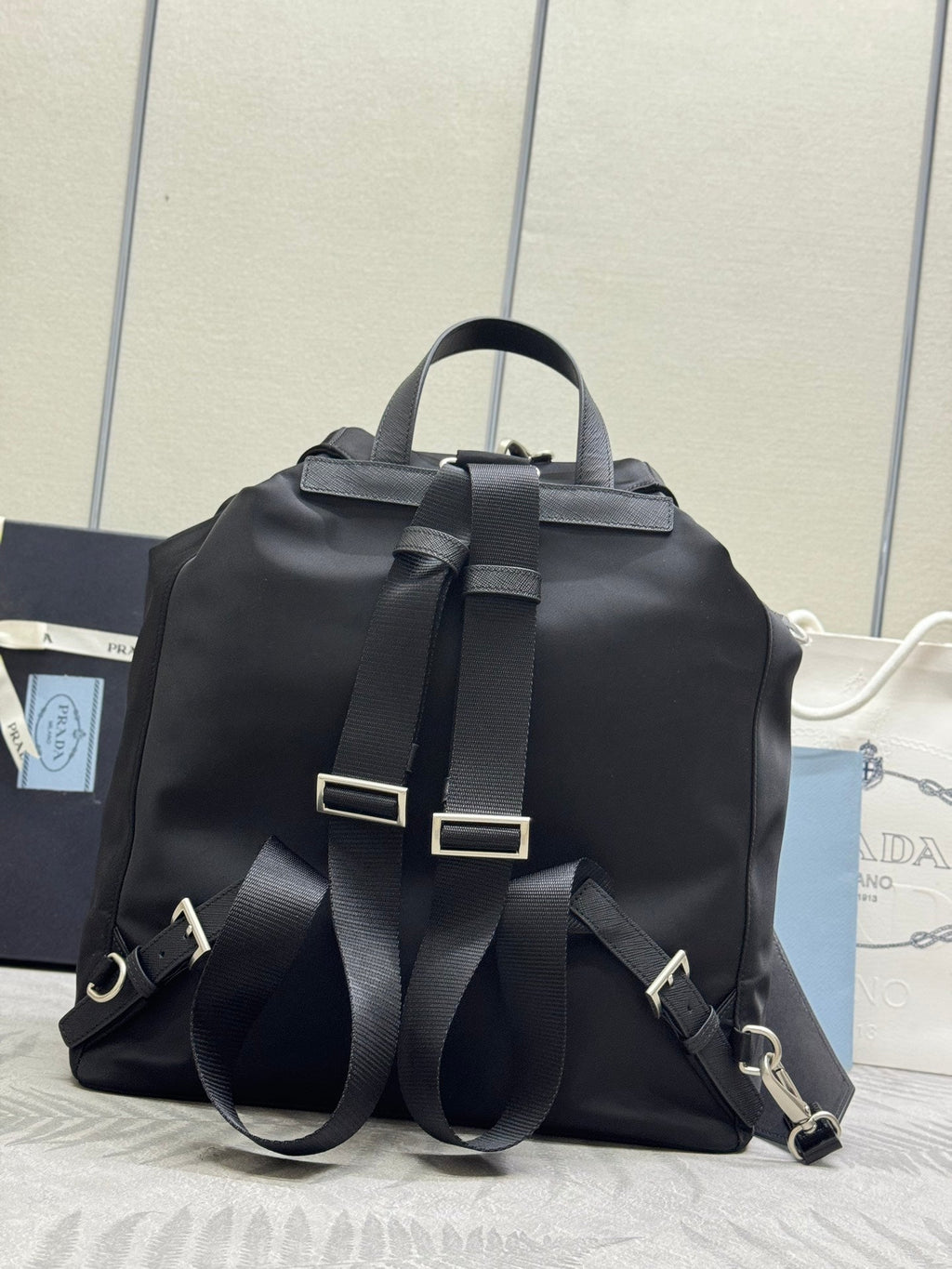 Pr*a Backpack Glossy Leather Strap Black Re-Nylon