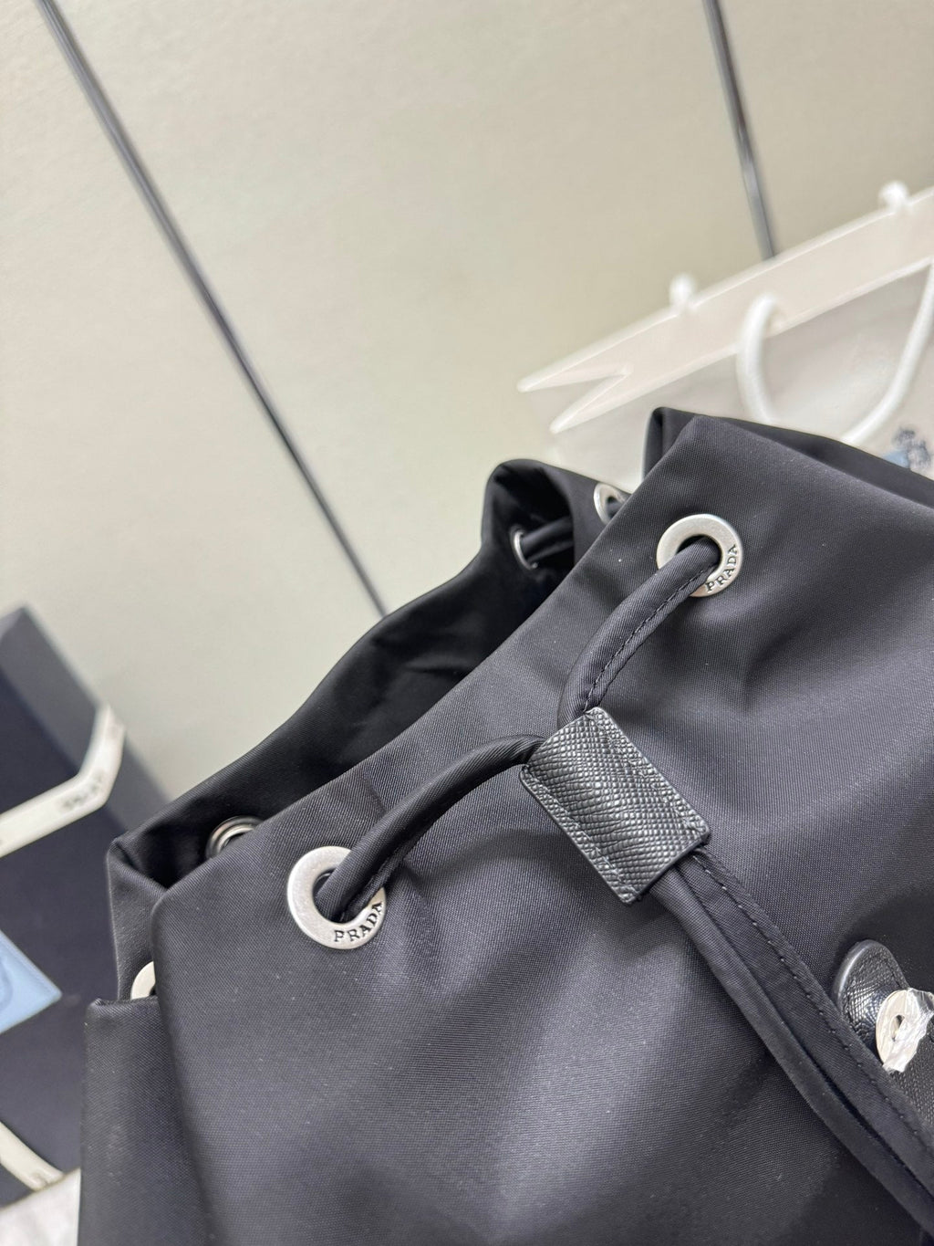 Pr*a Backpack Glossy Leather Strap Black Re-Nylon