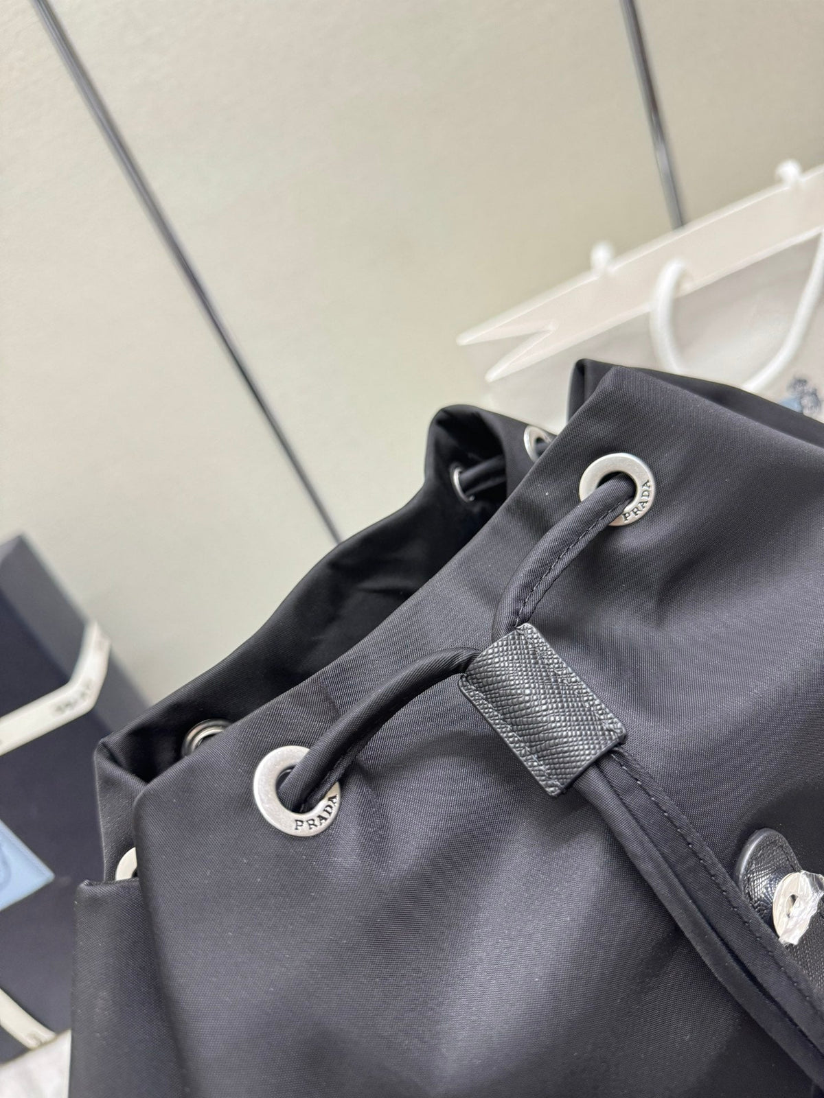 Pr*a Backpack Glossy Leather Strap Black Re-Nylon