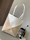 L*E 31 Medium Puzzle Fold Tote In Asphalt Beige/White Glossy Cowhide