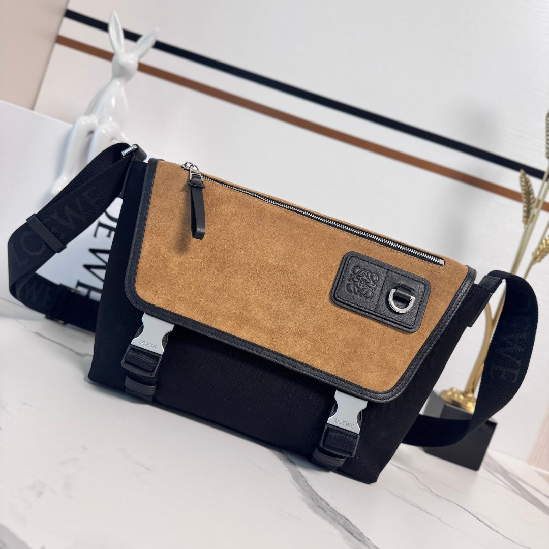 L*ewe Medium Flex bag in Black mix Brown Suede/Canvas