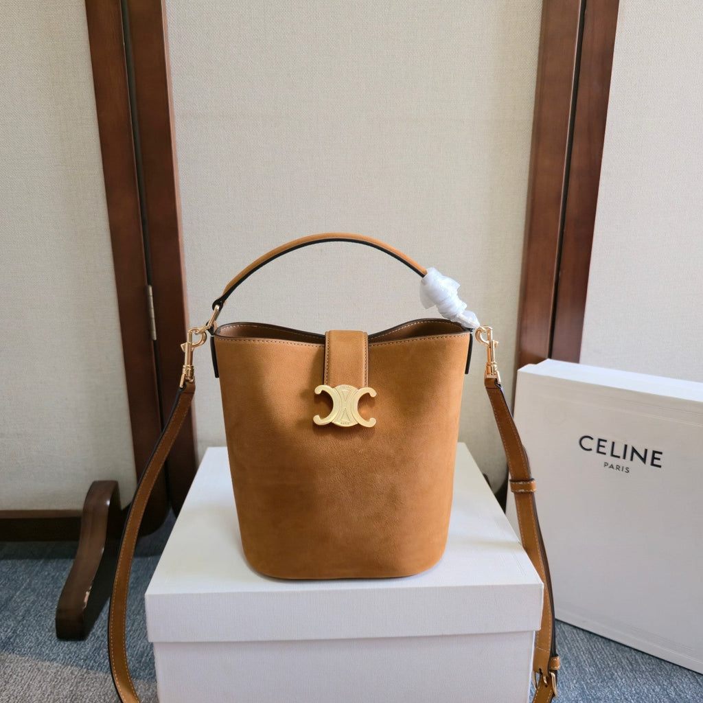 C*line New Small Brown Bucket Bag in Suede