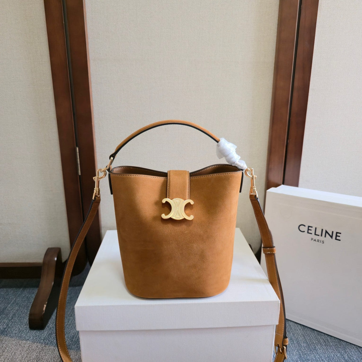 C*line New Small Brown Bucket Bag in Suede