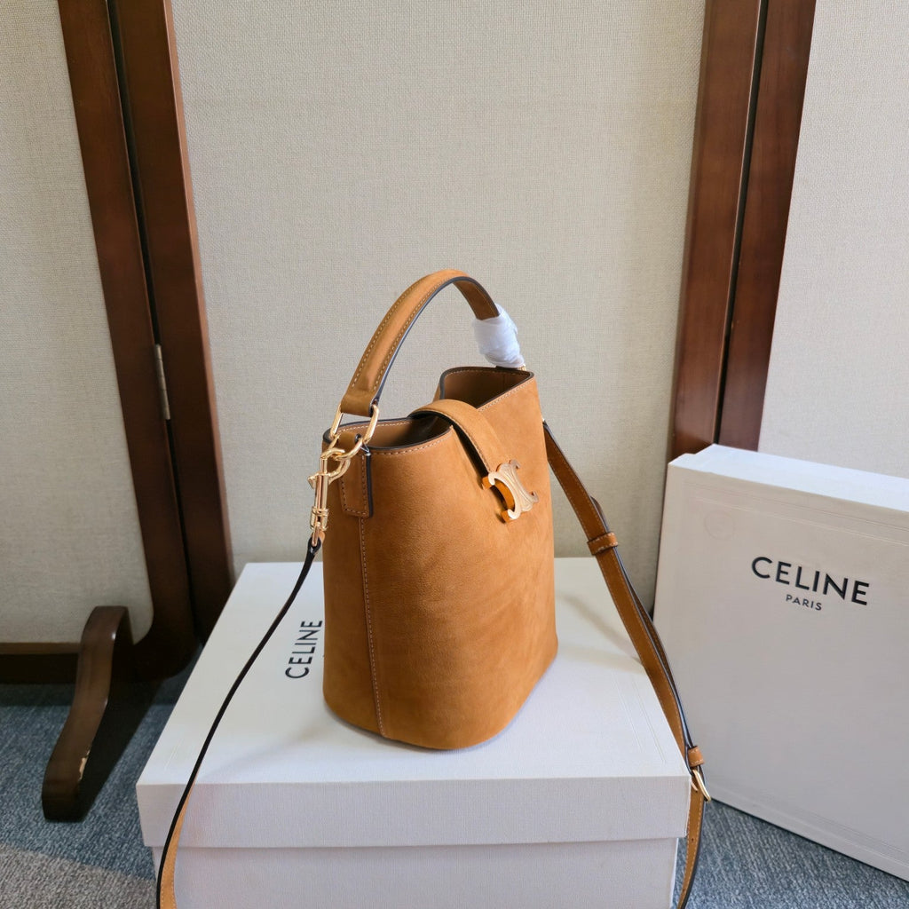 C*line New Small Brown Bucket Bag in Suede