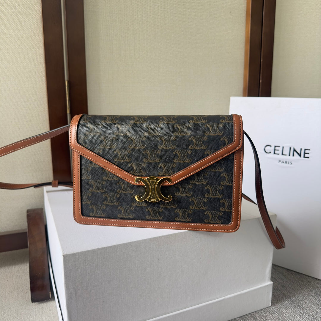 C*line New Large WOC Envelope Black Brown Bag in PVC Fabric with Leather