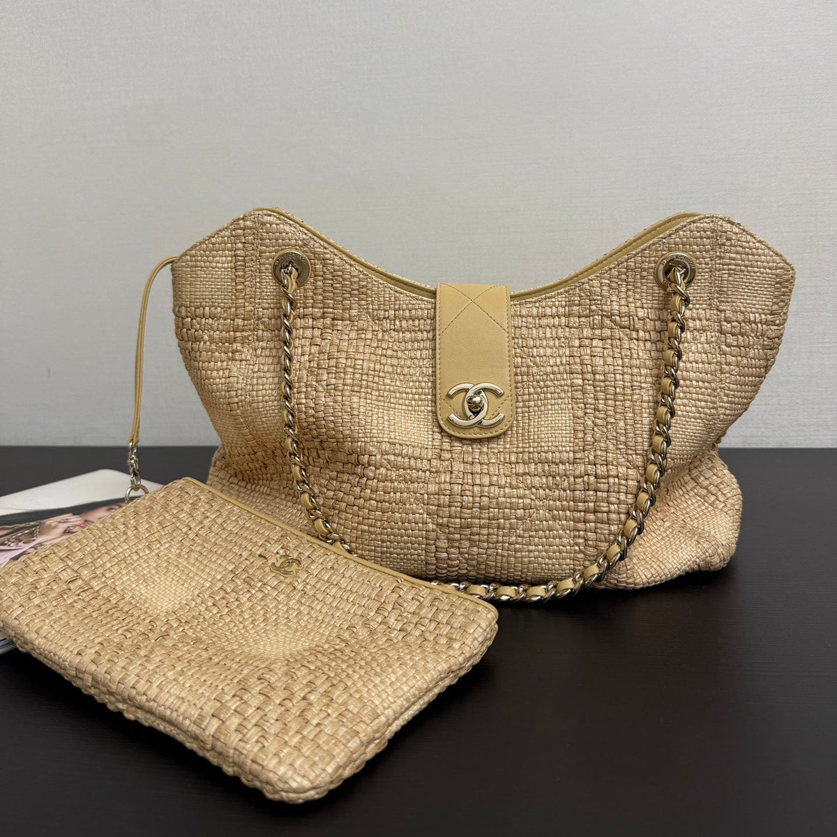C*C 26S Tote Bag in Beige Braided Raffia Gold Hardware (made - to - order)