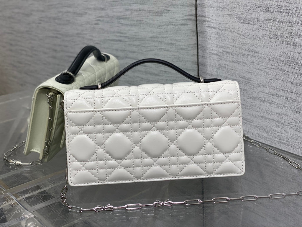 D*or 26 Bow Pearl Chain Clutch Two Tone White Black Lambskin SHW