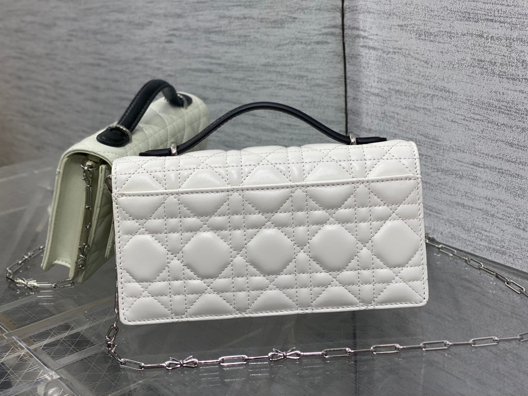 D*or 26 Bow Pearl Chain Clutch Two Tone White Black Lambskin SHW
