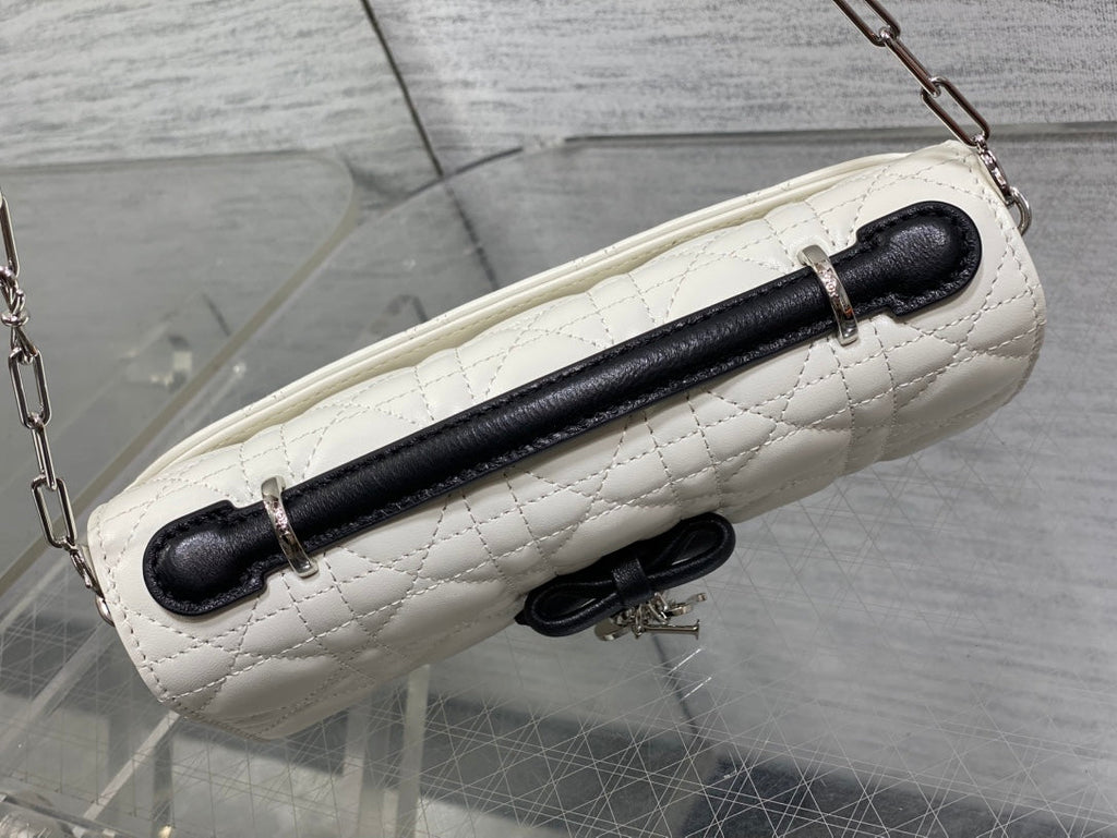 D*or 26 Bow Pearl Chain Clutch Two Tone White Black Lambskin SHW