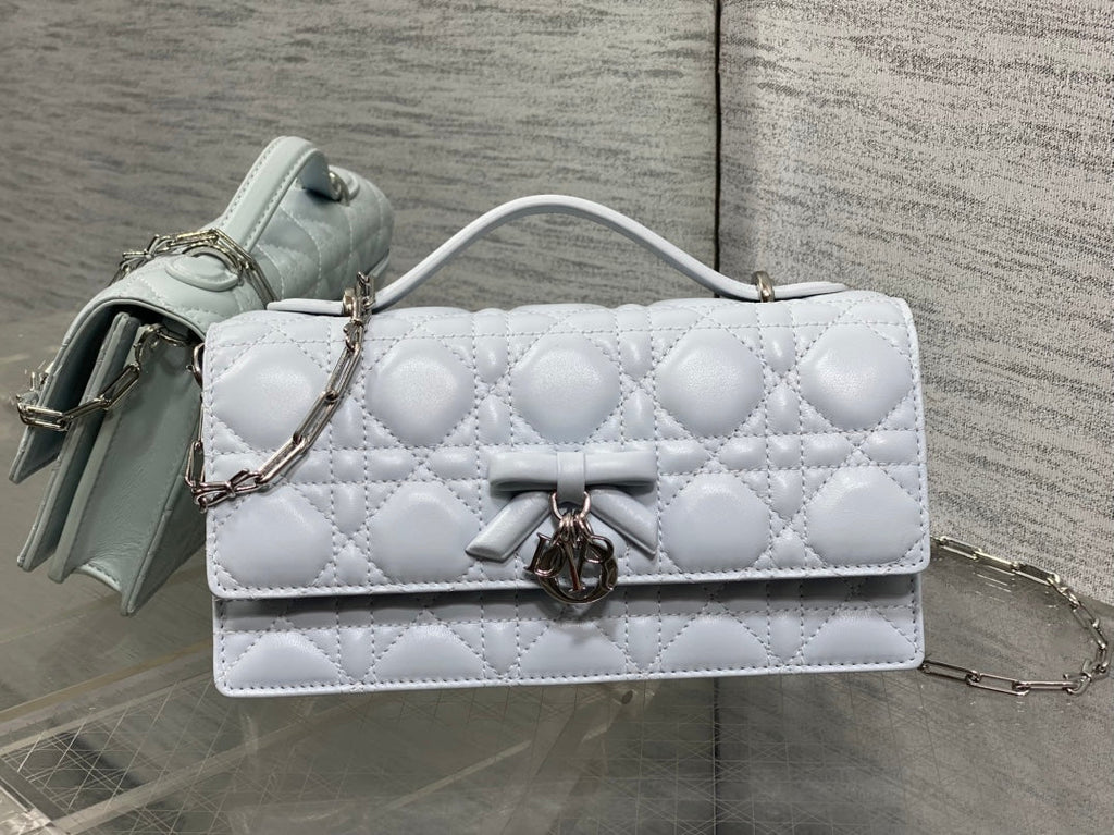 D*or 26 Bow Pearl Chain Clutch Light Grey Lambskin SHW