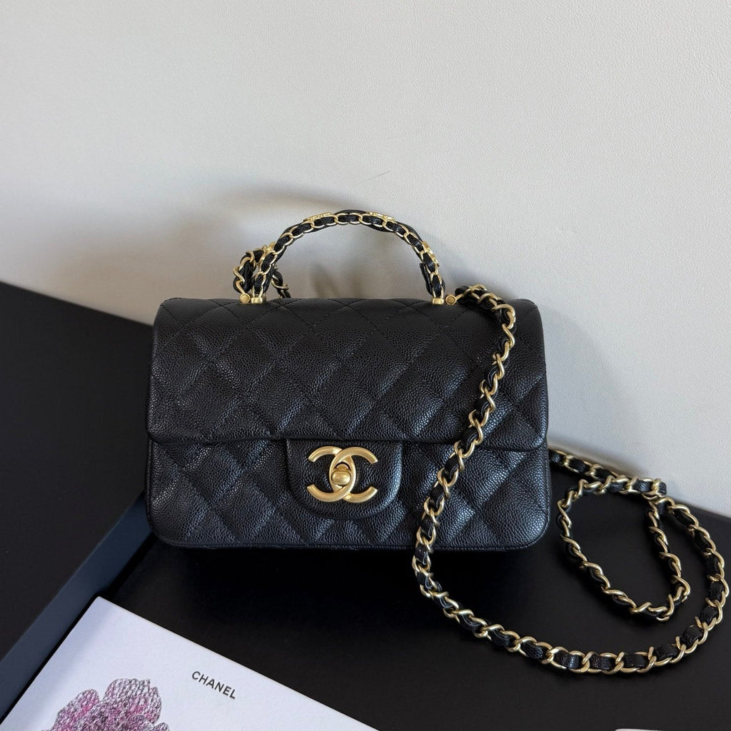 Ch*nel Mini Flap Handle 19.5cm Black in Caviar leather