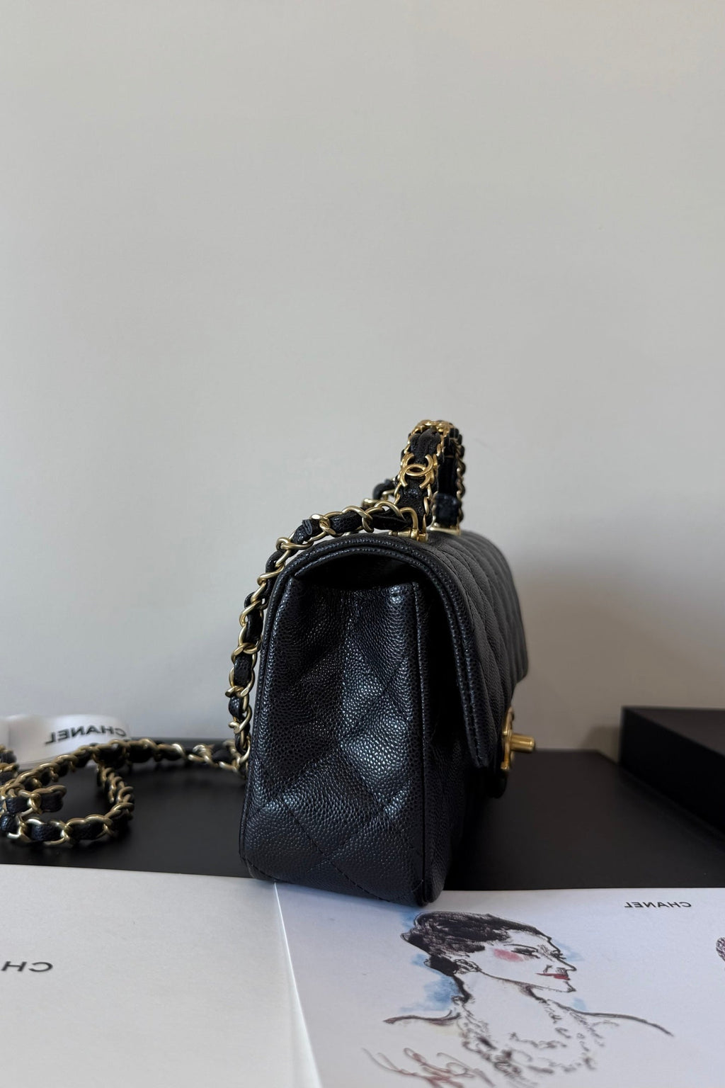 Ch*nel Mini Flap Handle 19.5cm Black in Caviar leather