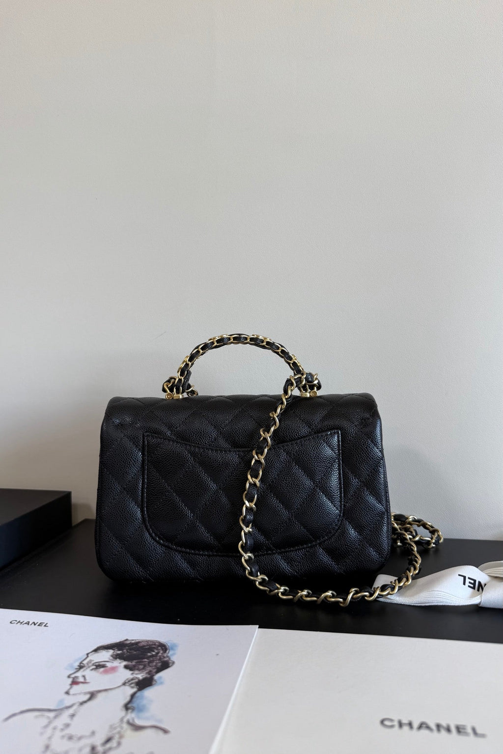 Ch*nel Mini Flap Handle 19.5cm Black in Caviar leather