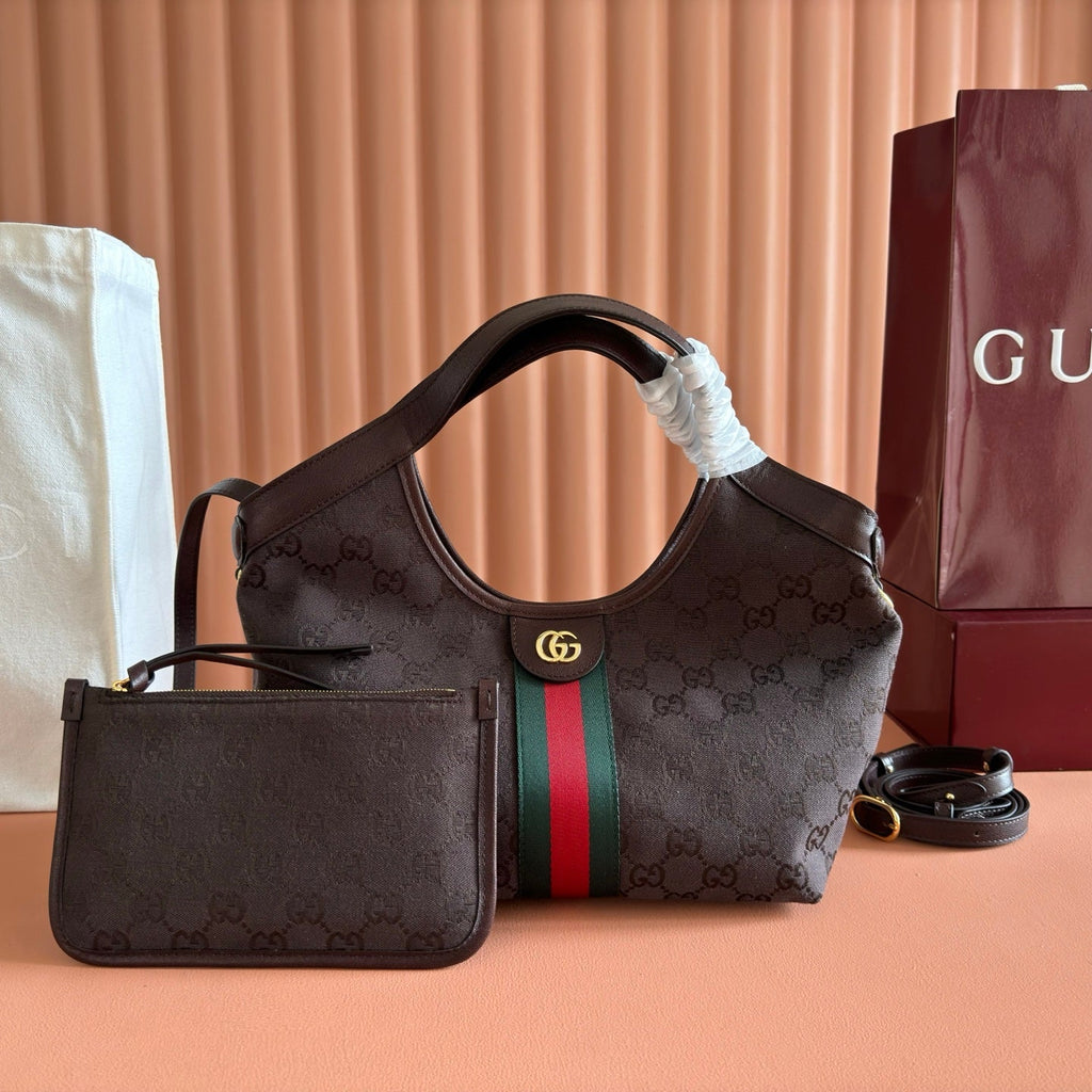 G*cci Giglio Tote Bag 25 Dark Brown in Lustrous Coated G*G Fabric