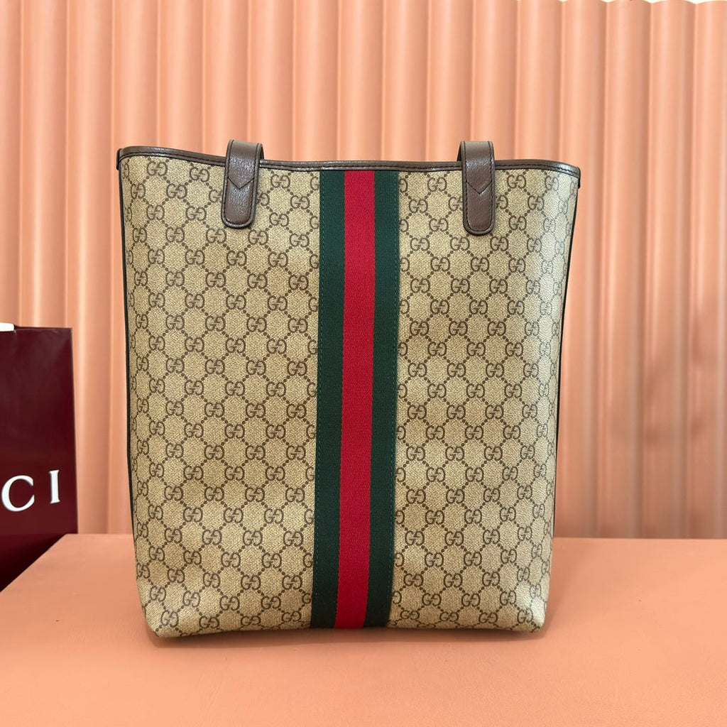 G*cci Ophidia Tote Bag 36 Brown in Interwoven Coated Fabric
