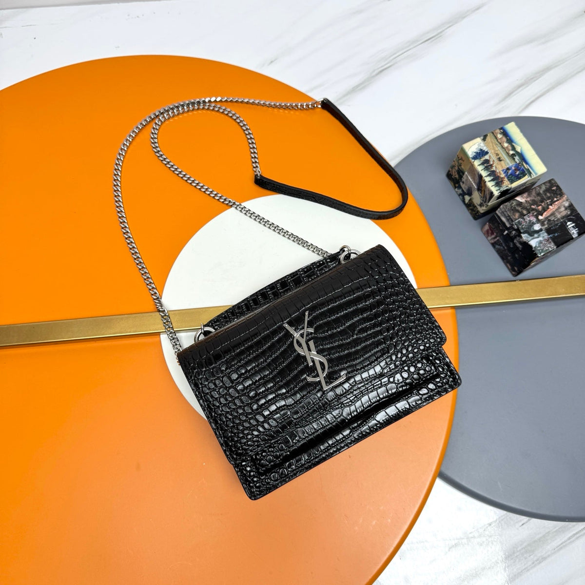 Y*S*L Sunset Bag 19cm Black in Crocodile Pattern
