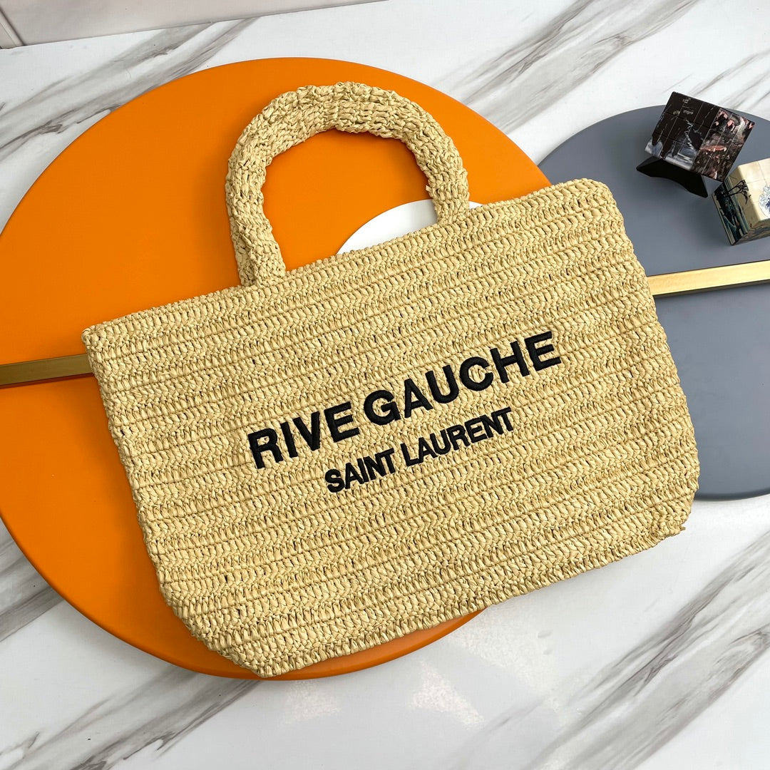 Y*S*L Rive Gauche Tote Bag 38cm Straw Color in Raffia