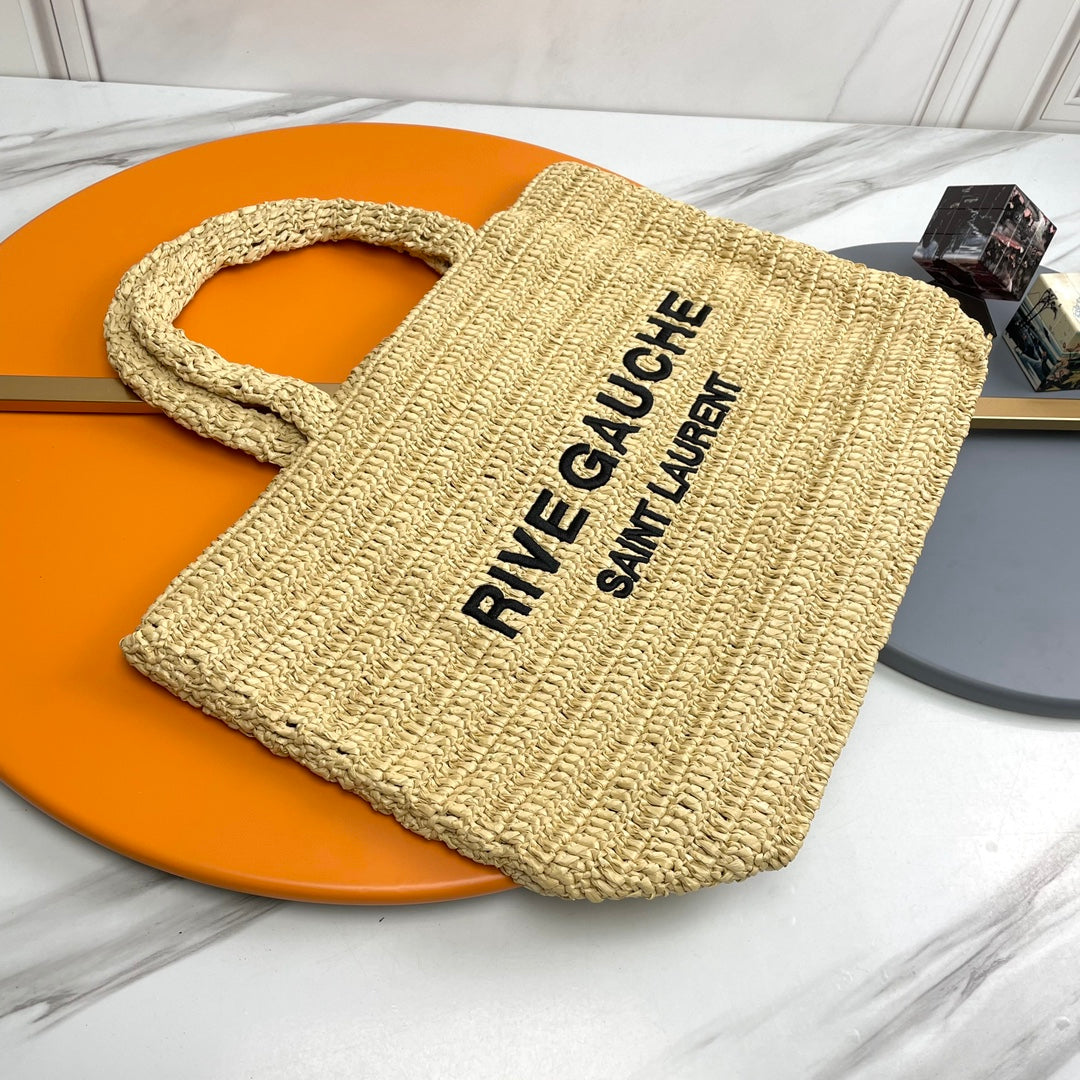 Y*S*L Rive Gauche Tote Bag 38cm Straw Color in Raffia