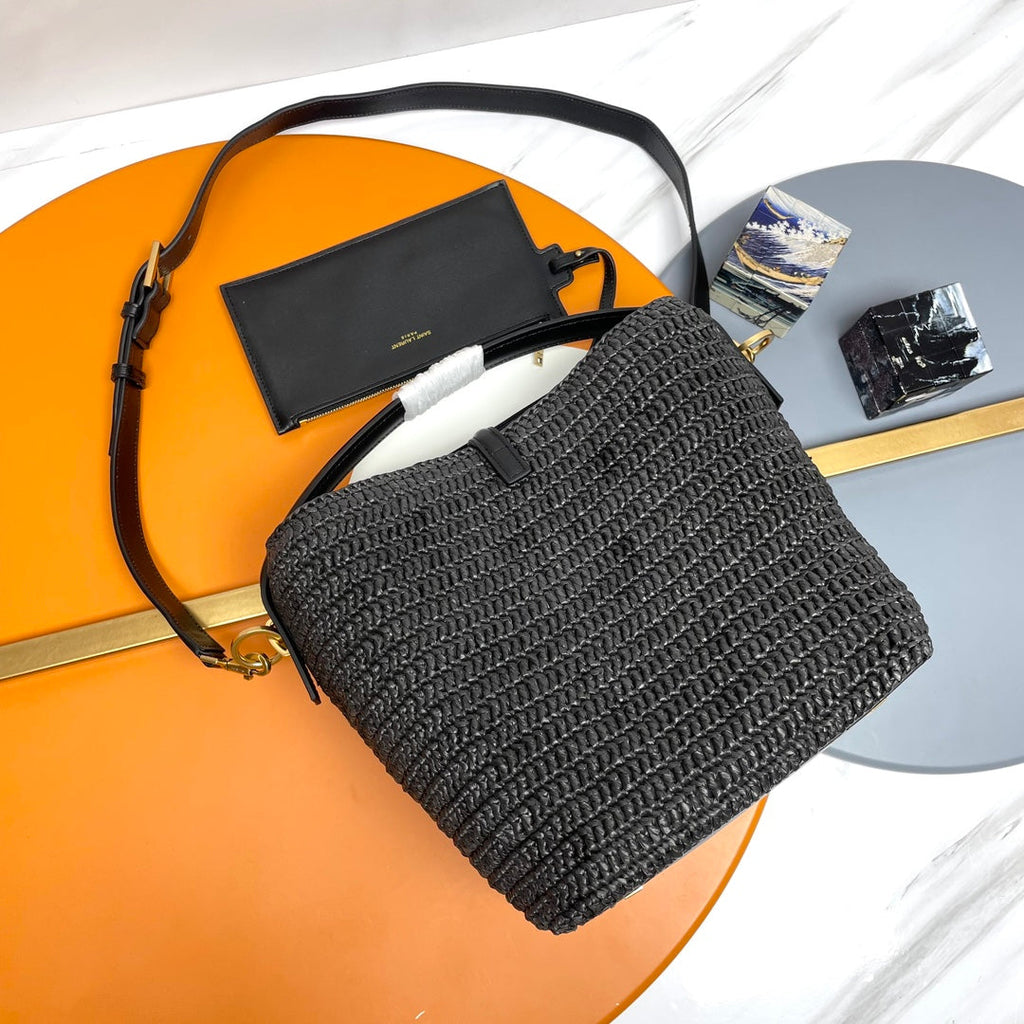 Le 37 Woven Bucket Bag 25cm Black in Raffia