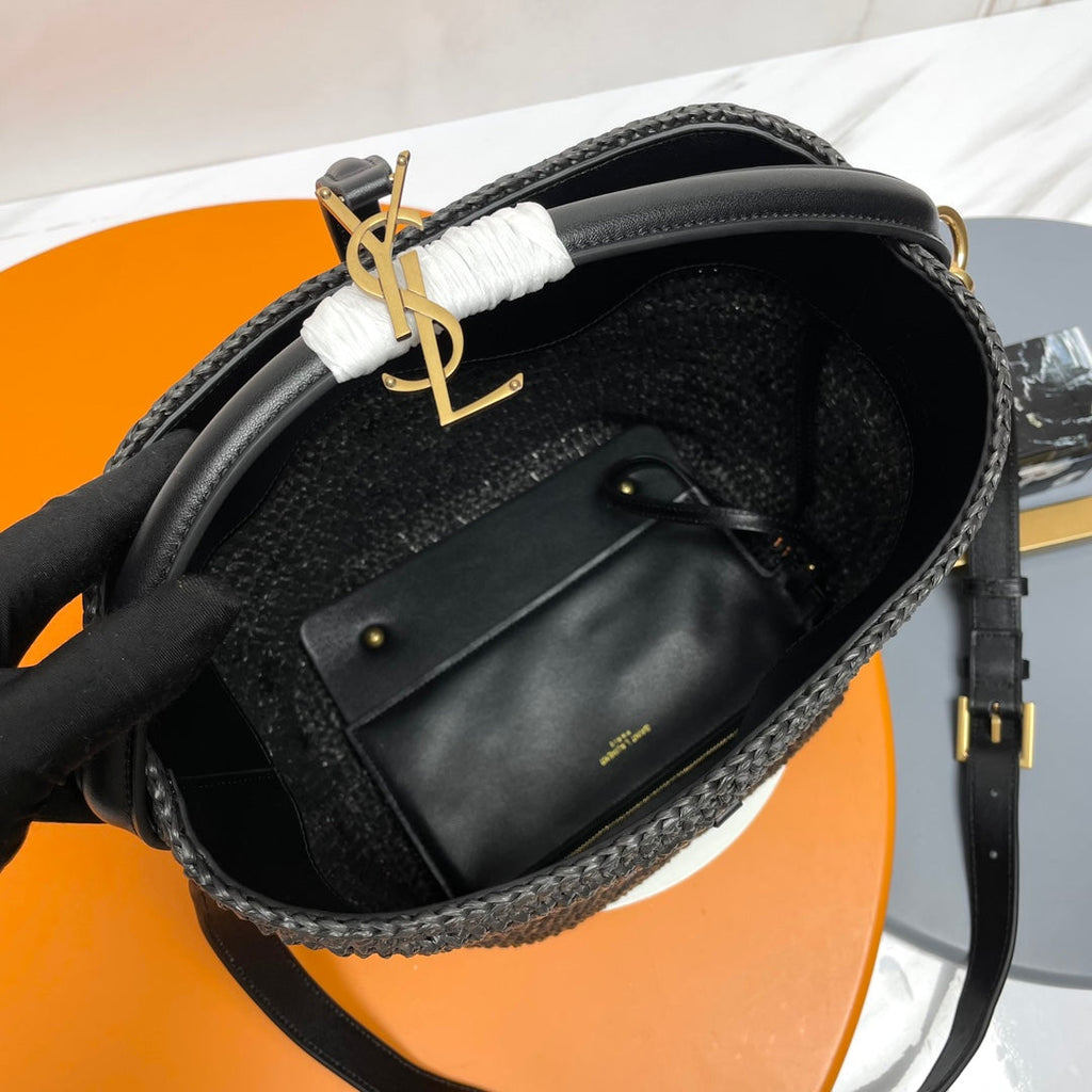 Le 37 Woven Bucket Bag 25cm Black in Raffia