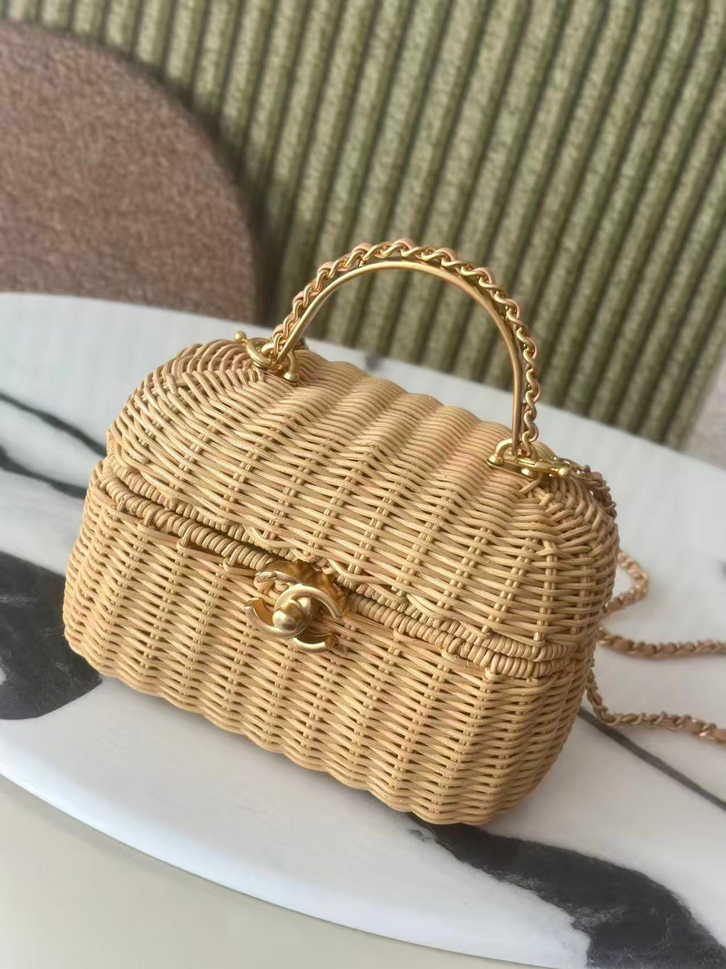Ch*nel 26c Vanity Case 19.5cm Straw Color in Woven Rattan