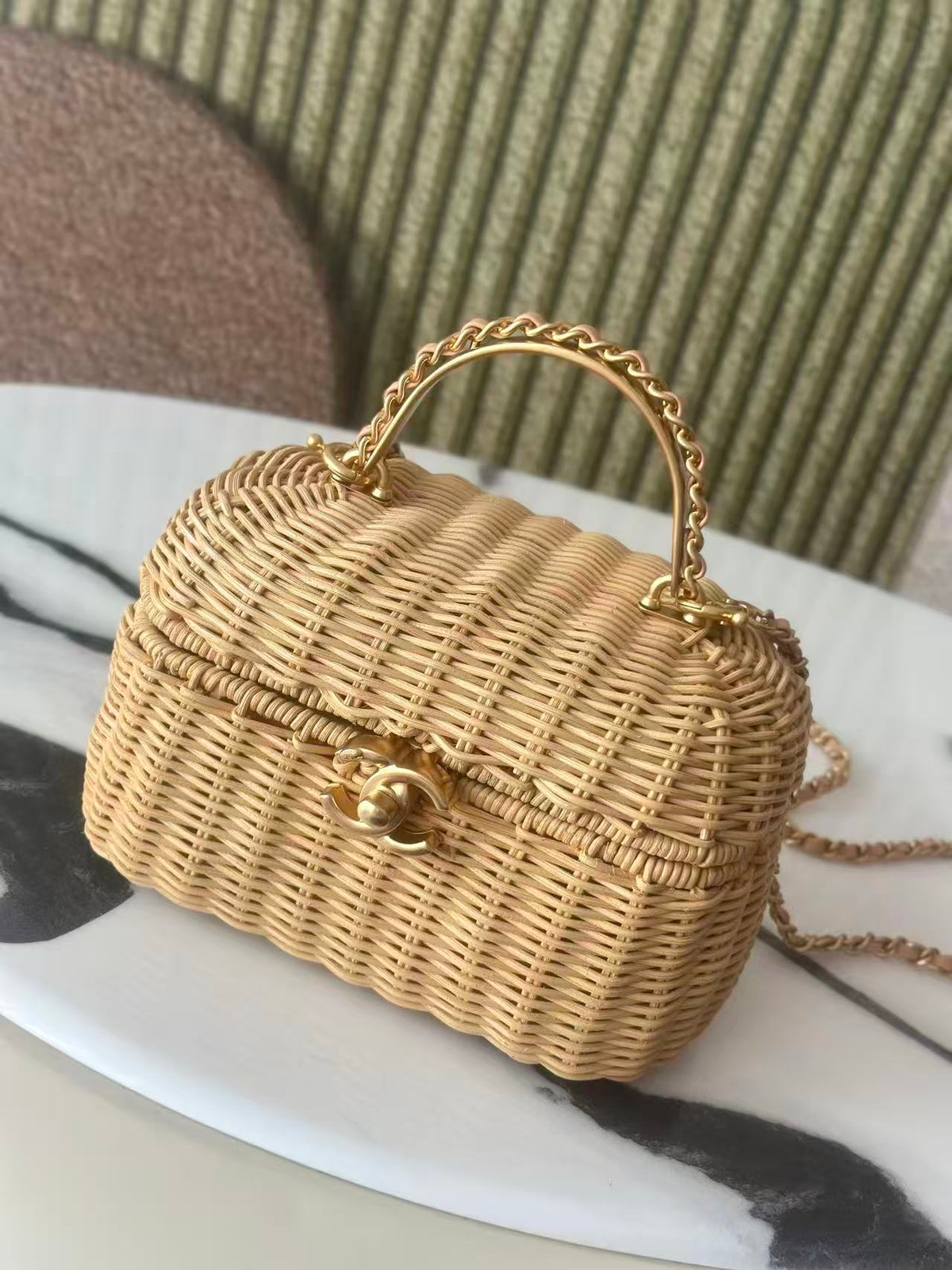 Ch*nel 26c Vanity Case 19.5cm Straw Color in Woven Rattan