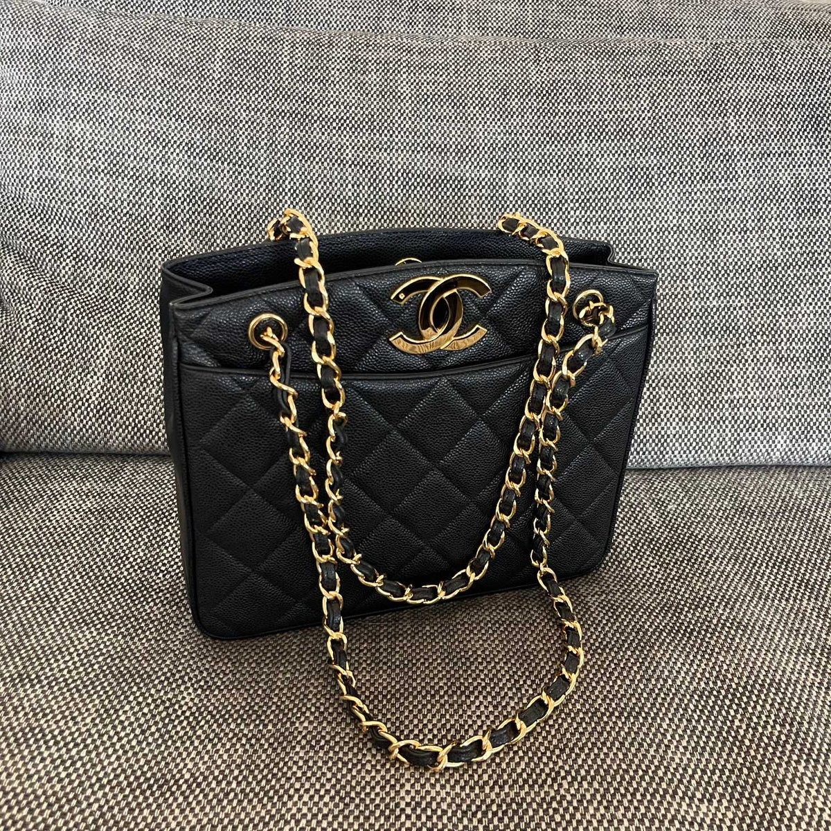 C*C Vintage C*C Lock Tote Bag 28cm Black Cowhide