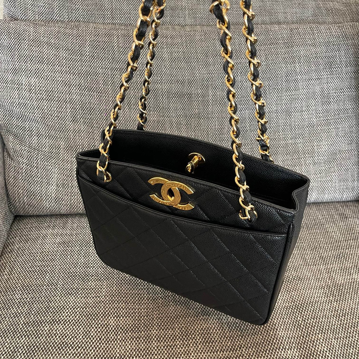 C*C Vintage C*C Lock Tote Bag 28cm Black Cowhide