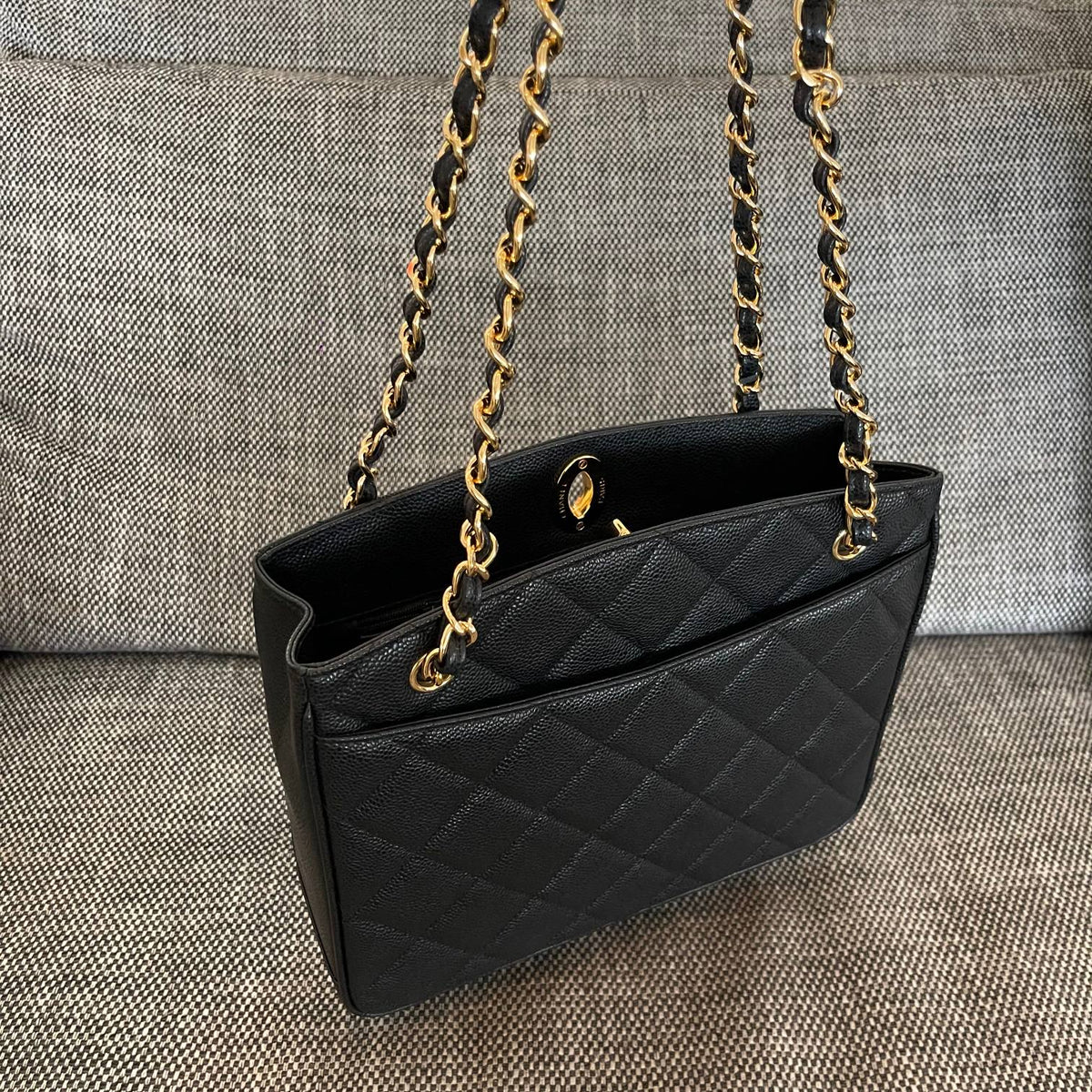 C*C Vintage C*C Lock Tote Bag 28cm Black Cowhide