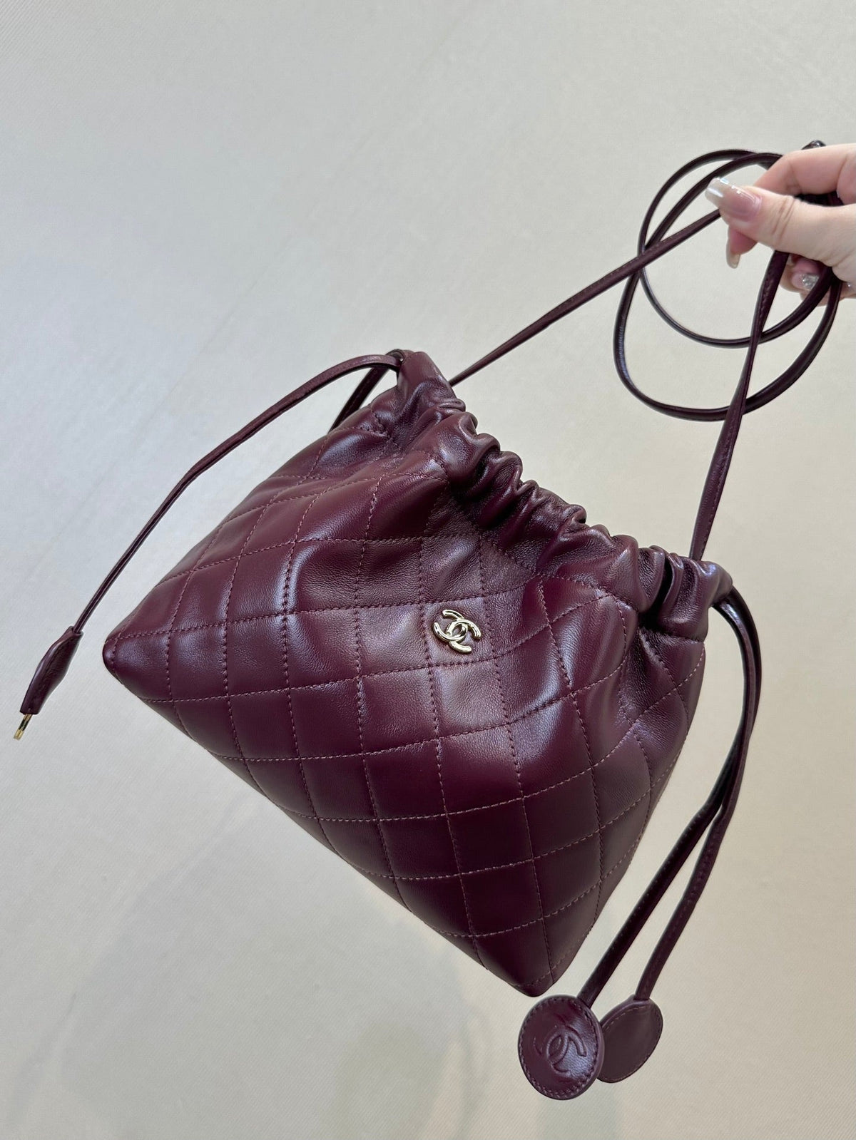 C*C Drawstring Bag 22cm Burgundy Lambskin Leather