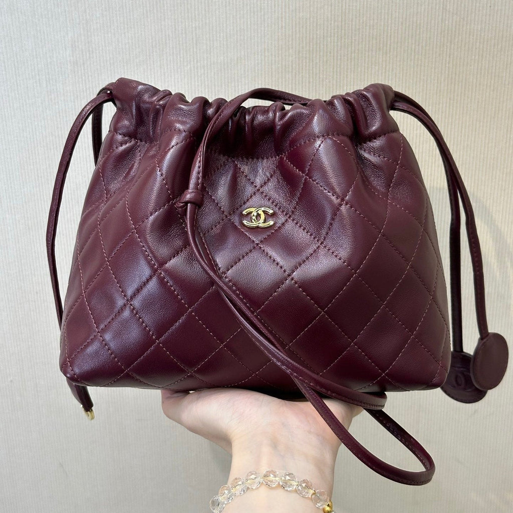 C*C Drawstring Bag 22cm Burgundy Lambskin Leather